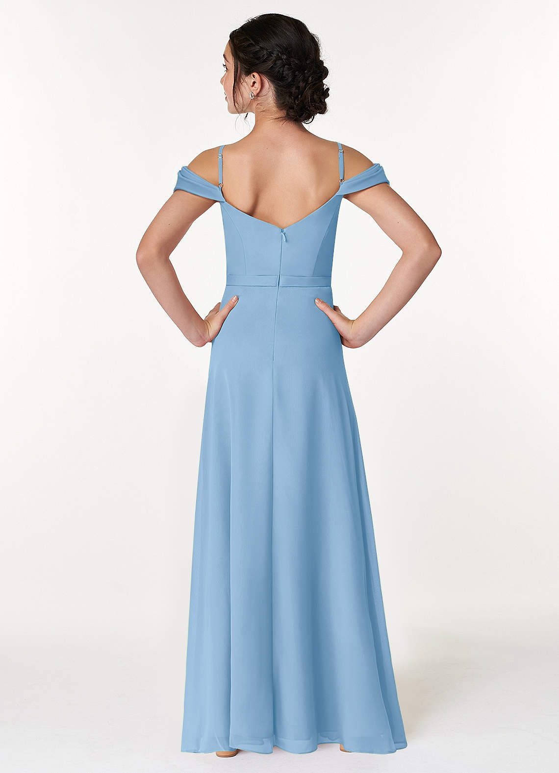 Azazie Alivia Junior Powder Blue A-Line Off the Shoulder Chiffon Dress image1