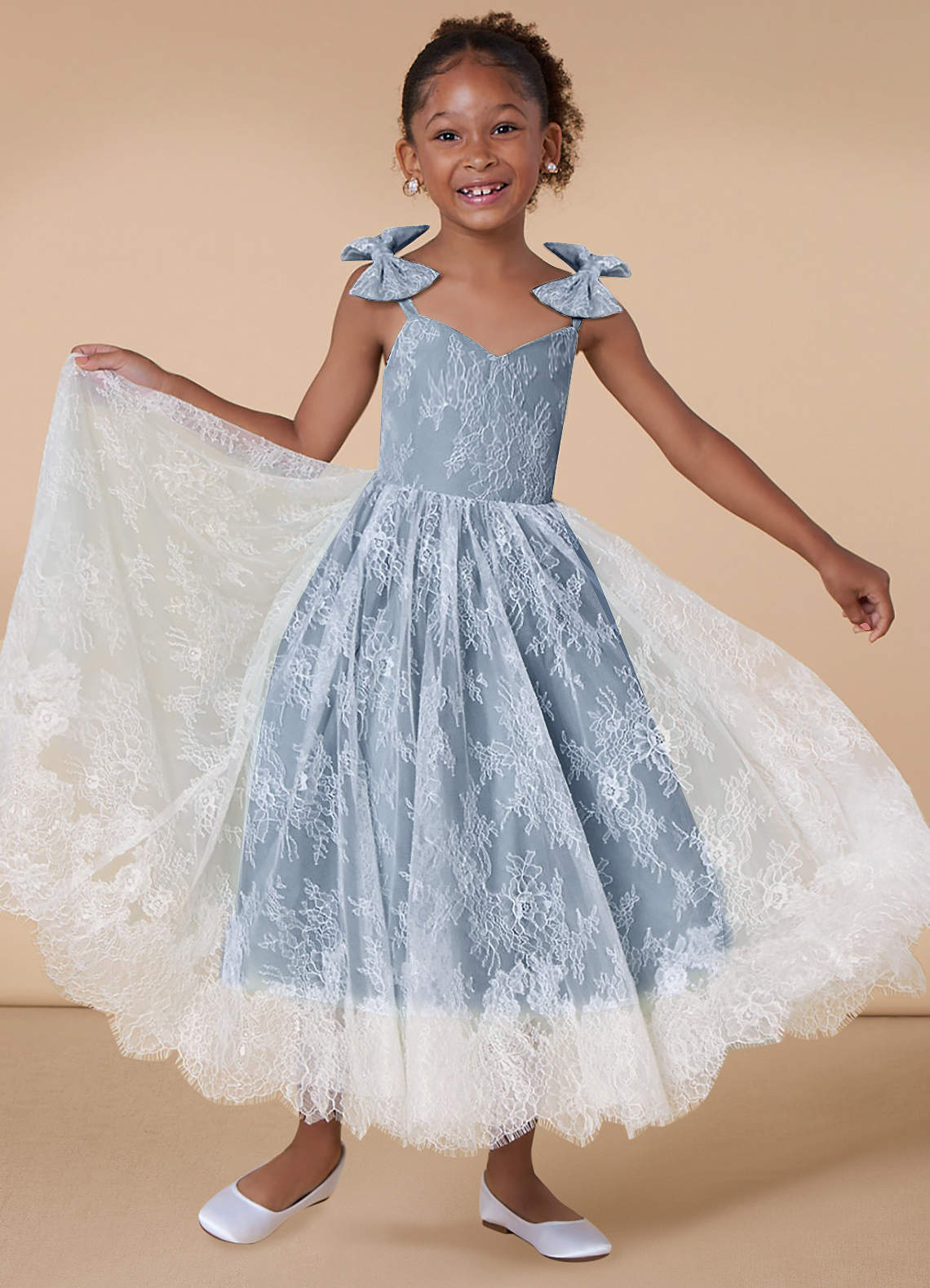 Azazie Tilly Flower Girl Dresses Diamond White Dusty Blue A-Line Lace Dress image1