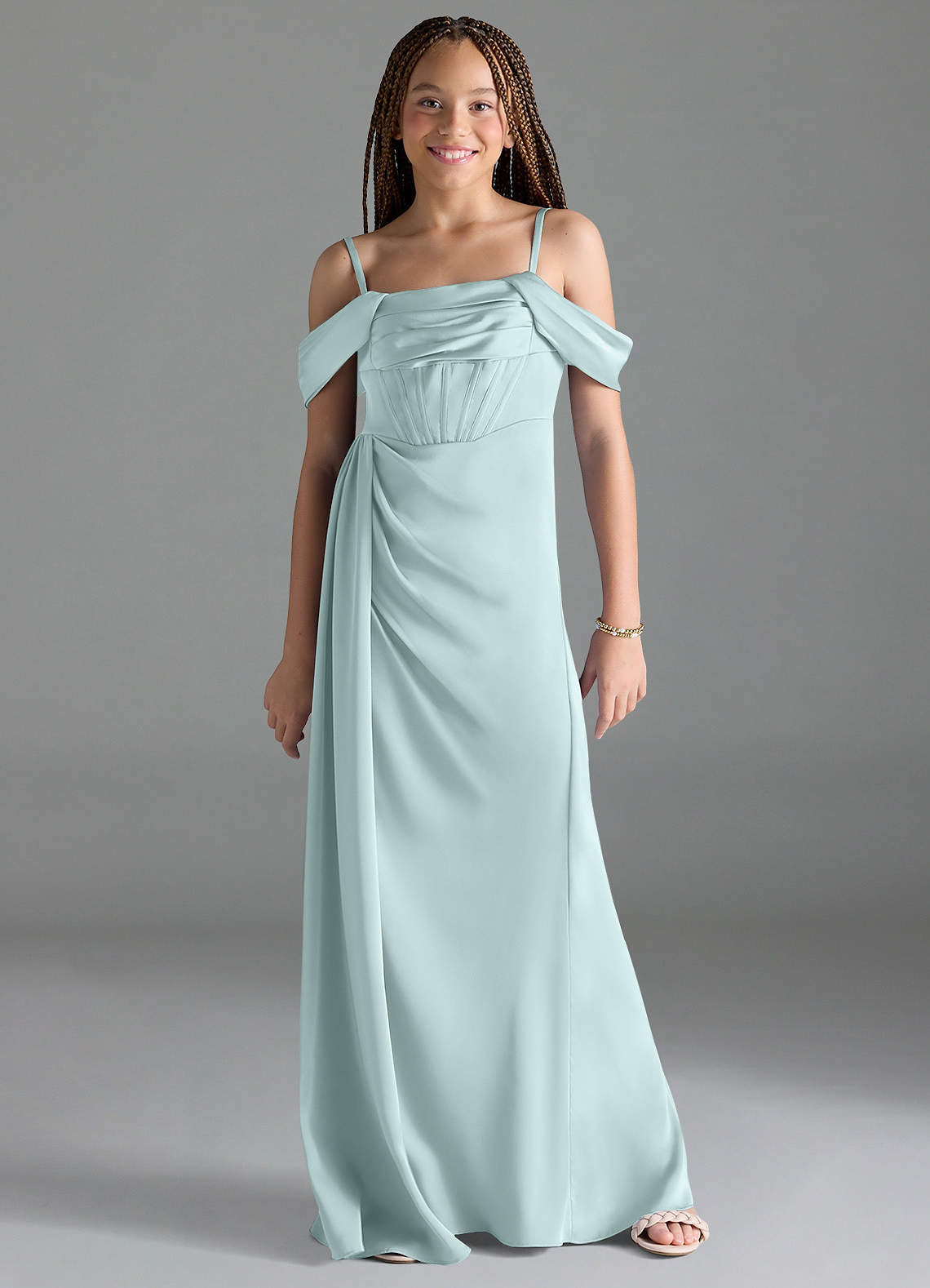 Azazie Amyra Junior Sea Glass Sheath Off the Shoulder Stretch Satin Dress image1