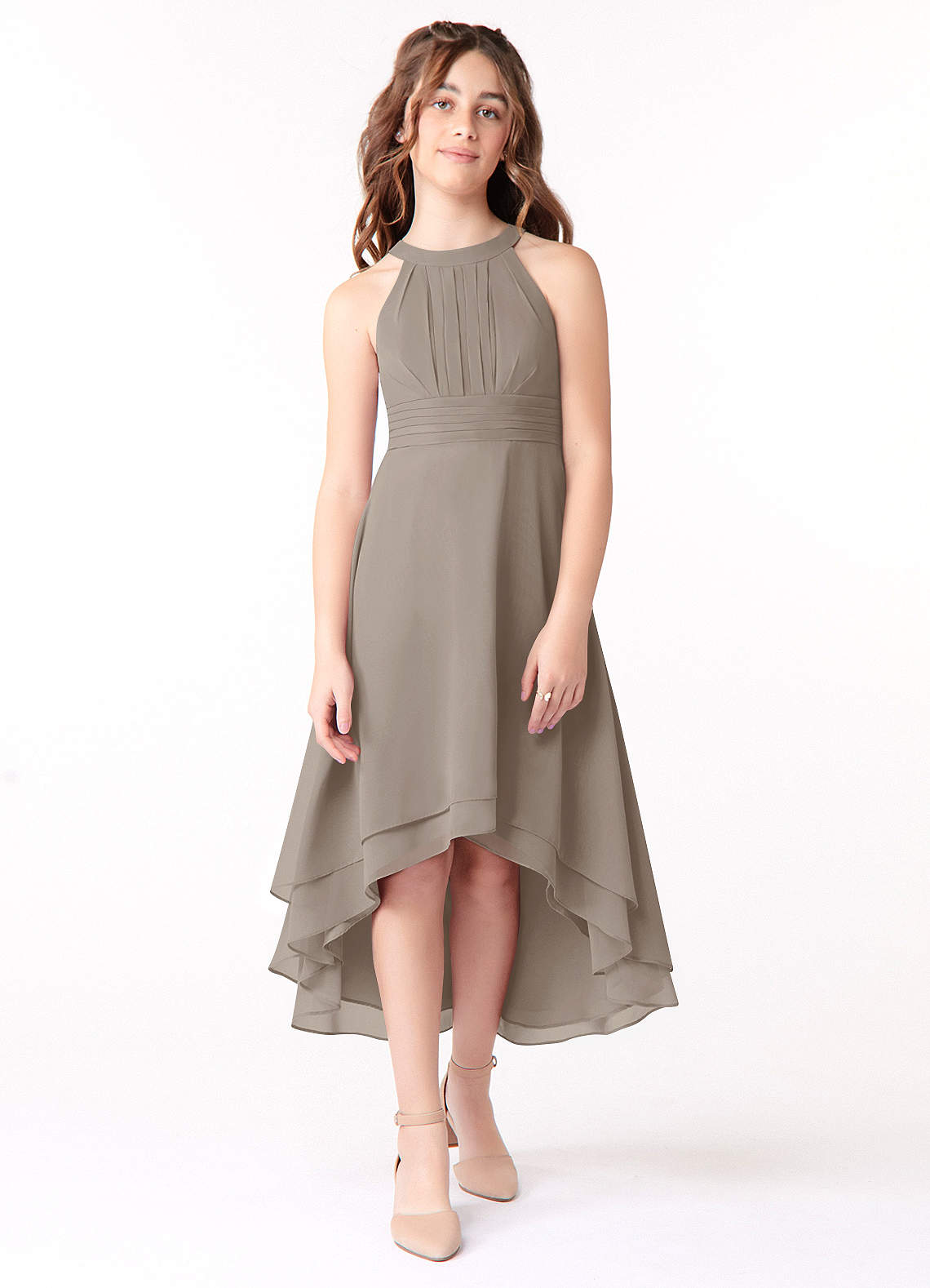 Azazie Linna Junior Taupe A-Line Pleated Chiffon Dress image1