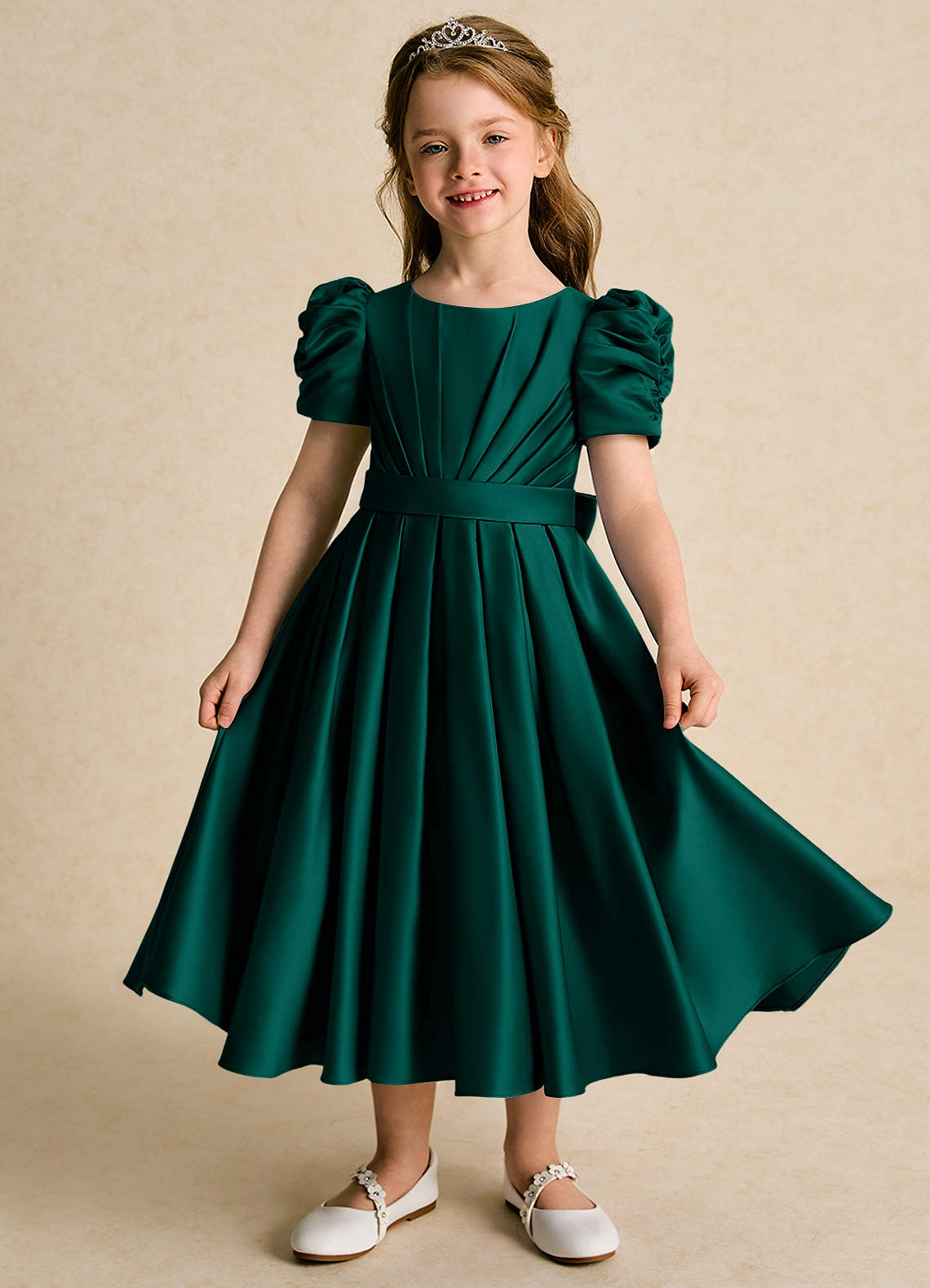 Azazie Miriam Flower Girl Dresses Pine Ball-Gown Pleated Matte Satin Dress image1