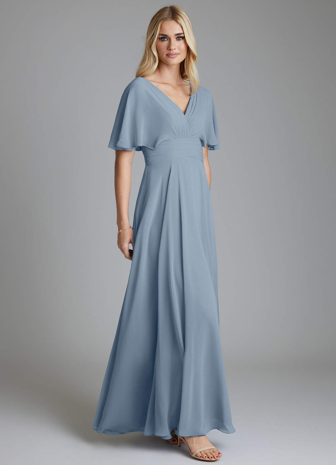 Azazie Pamela Bridesmaid Dresses Dusty Blue A-Line V-Neck Pleated Chiffon Dress image3