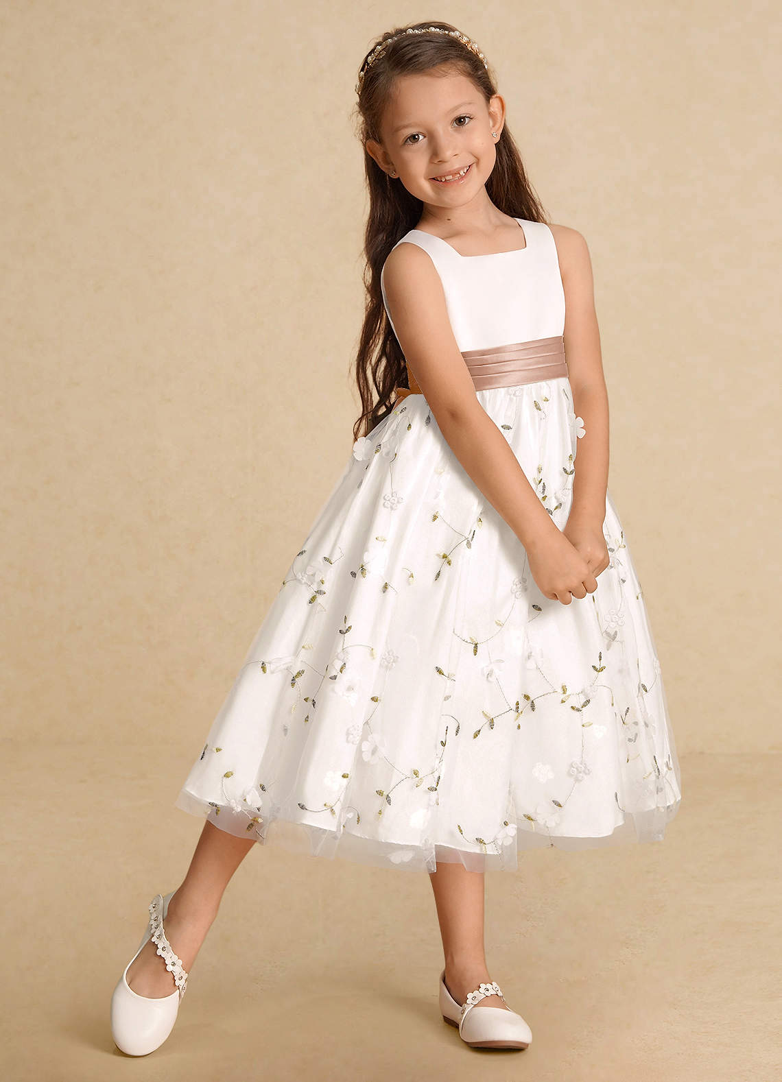 Azazie Pollie Flower Girl Dresses Ivory Champagne Rose A-Line Bow Tulle Dress image8