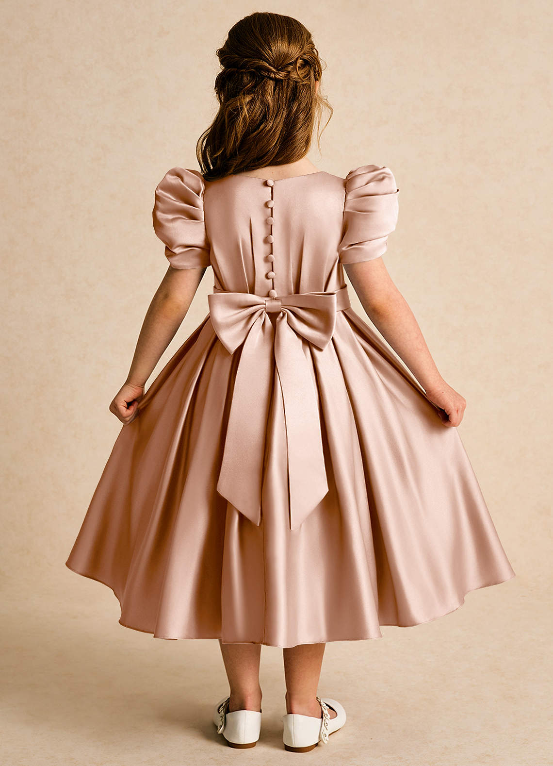 Azazie Miriam vestidos de niña de las flores Vestido de Champán Rosado de Satin Mate de Princesa con Plisado image1