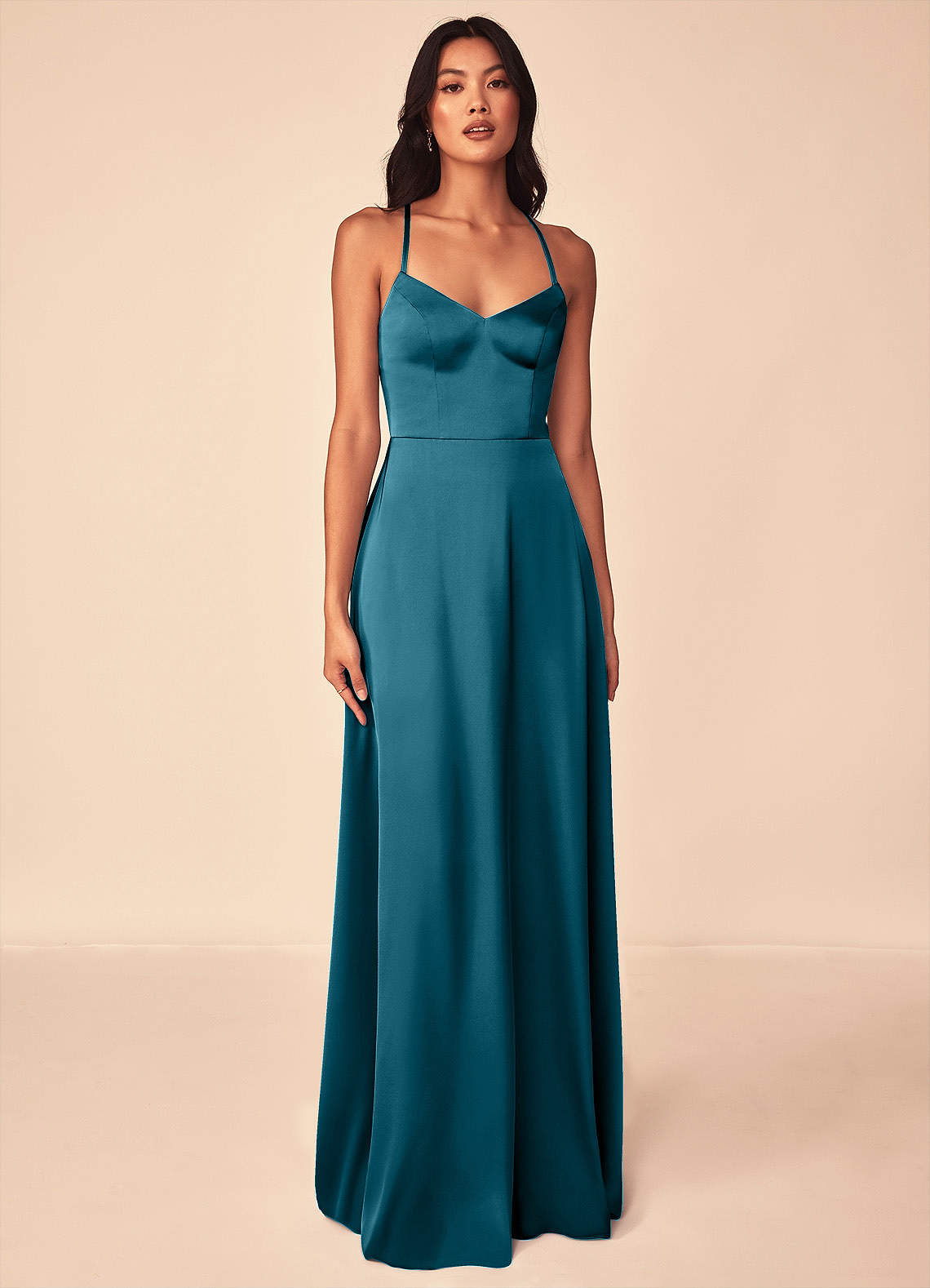 Azazie Mei Bridesmaid Dresses Ink Blue A-Line V-Neck Stretch Satin Dress image1
