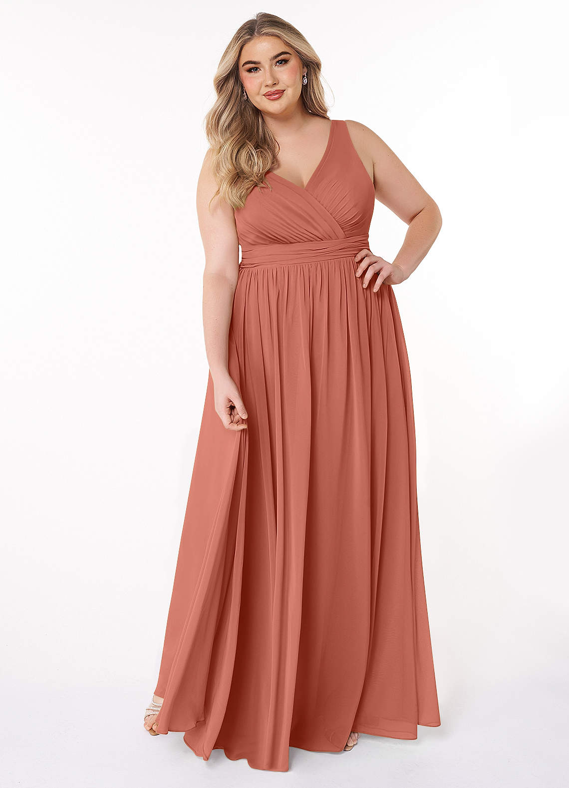 Azazie Kora Brautjungfernkleider A-Linie Plissee Chiffon Kleid Lehm image1