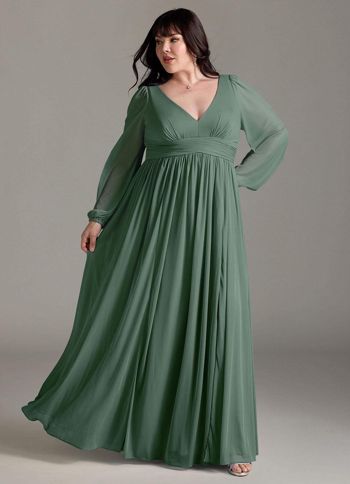 Azazie Norah Bridesmaid Dresses Eucalyptus A-Line V-Neck Long Sleeve Chiffon Dress image7