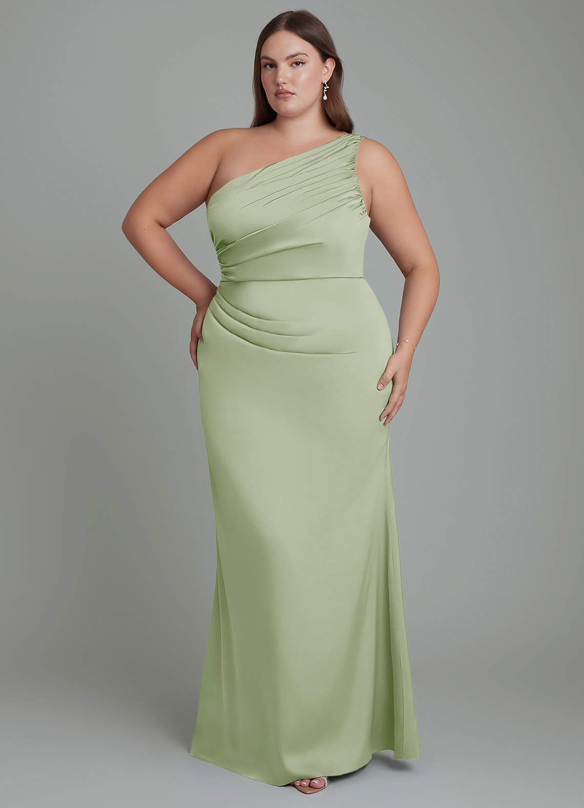 Azazie Akilah Bridesmaid Dresses Dusty Sage Mermaid One Shoulder Stretch Satin Dress image1