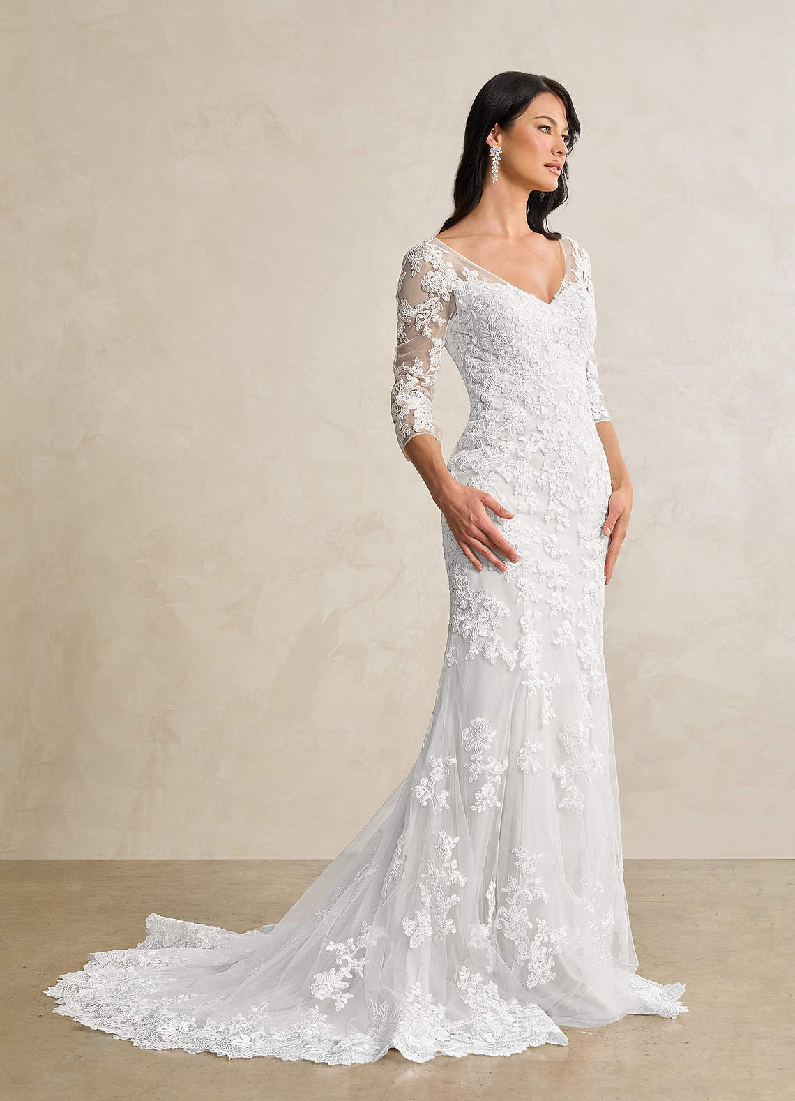Azazie Neela Wedding Dresses Diamond White Mermaid V-Neck Lace Tulle Dress image1
