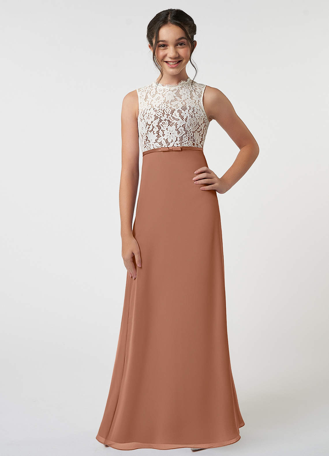 Azazie Rana Junior Bronzer A-Line Lace Chiffon Dress image1
