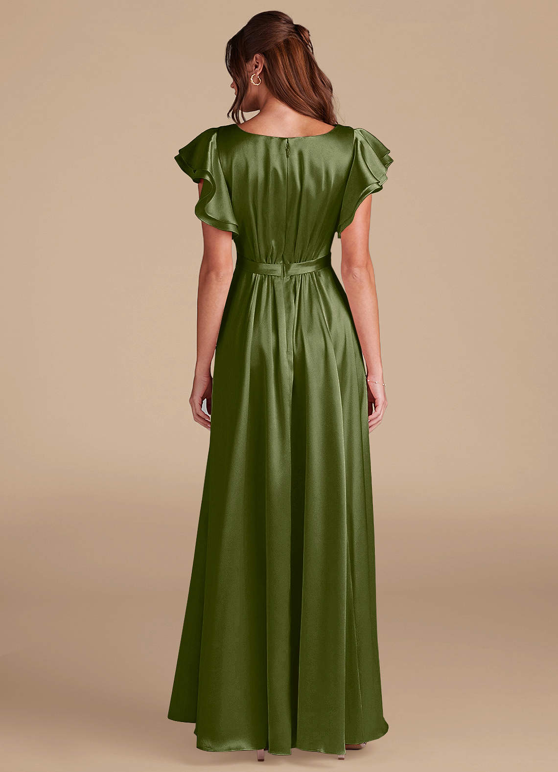 Azazie Daphne Modest Bridesmaid Dresses A-Line Ruched Metallic Satin Floor-Length Dress image1