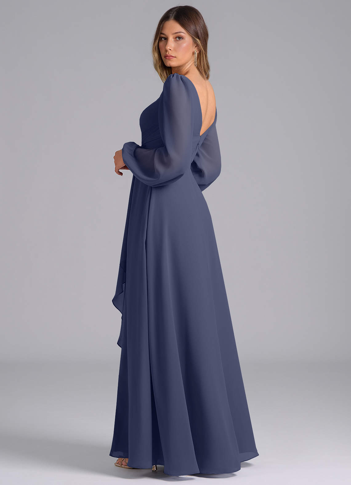 bridesmaid dresses stormy blue Stormy Ruffle Sleeves Floor-Length Chiffon Empire Bridesmaid Dress Change Color From Swatches / XS / N0-2