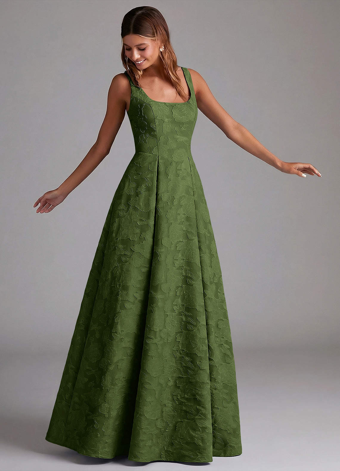 Azazie Amalie Vestidos de madrinha de casamento Vestido Oliva de Esgotamento Floral de Linha A com Plissado image3