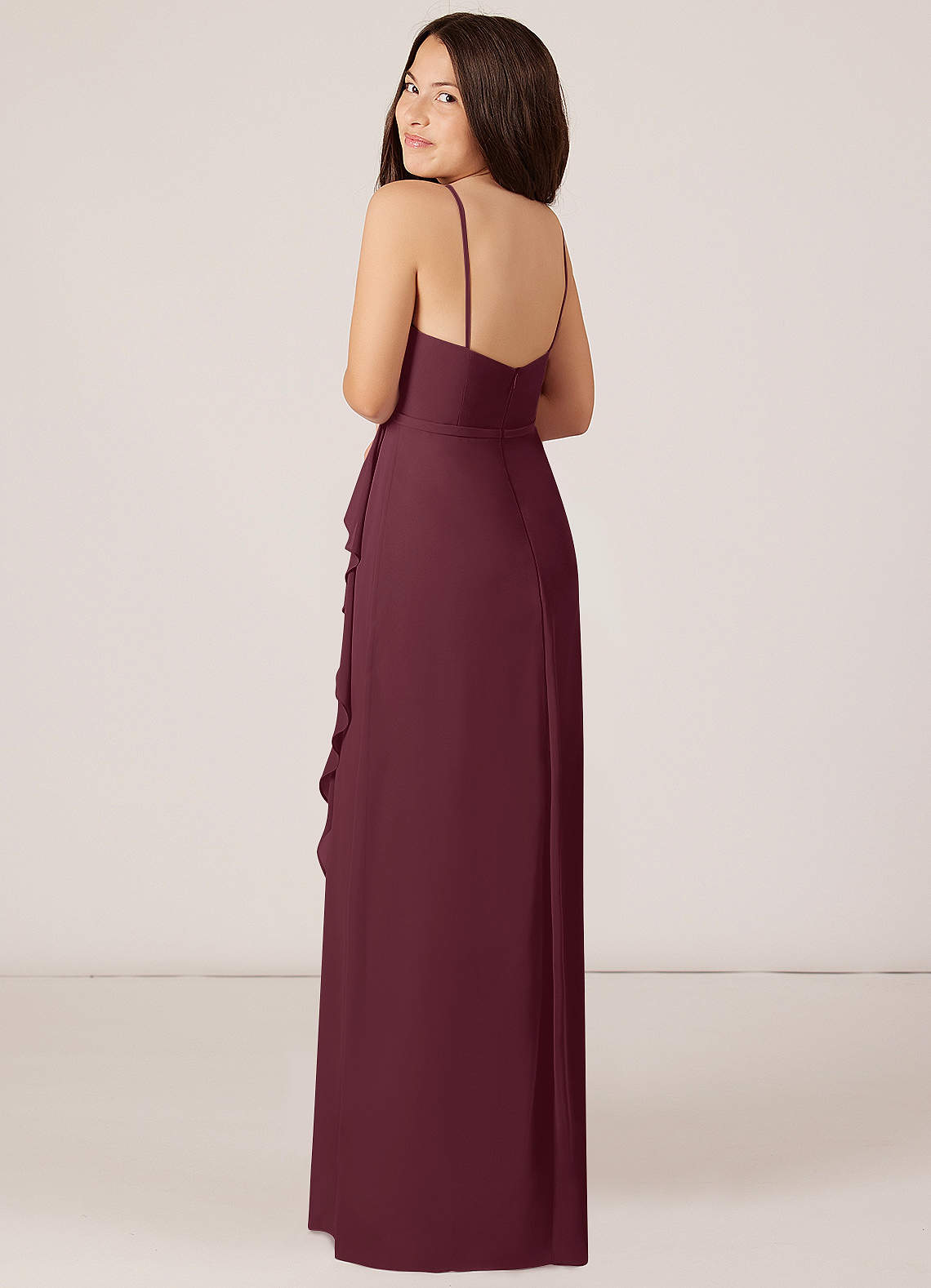 Azazie Kaylee Junior Vestido Cabernet de Chiffon de Linha A com com cinto image4