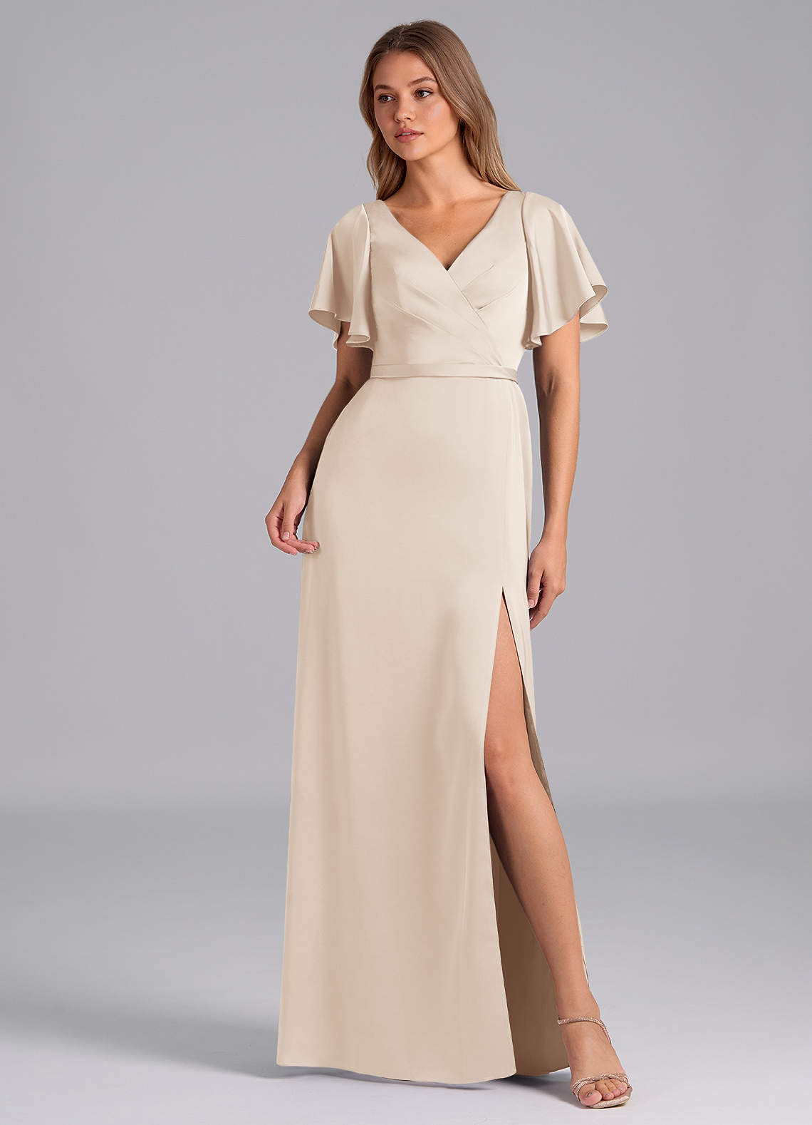 Azazie Ambrosia Brautjungfernkleider A-Linie Plissee Stretch-Satin Kleid Alabaster Weiß image1