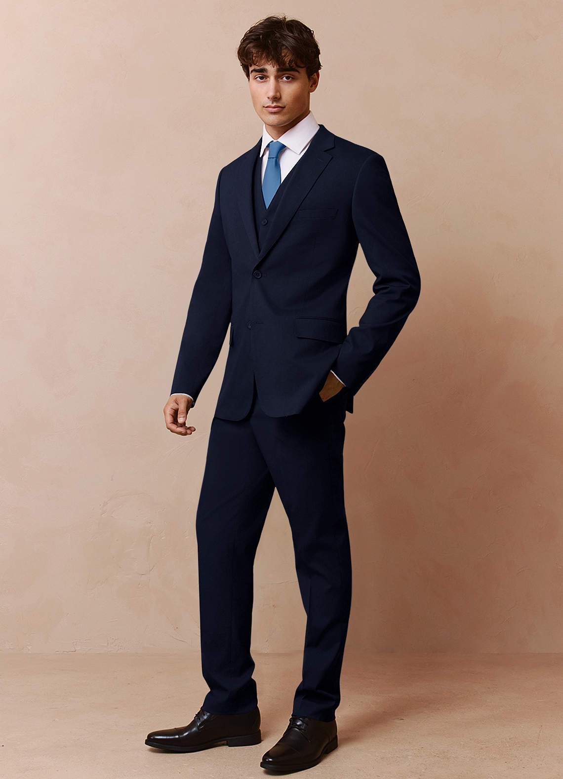 front Savile Navy Blue Wool Blend 3-Piece Suit