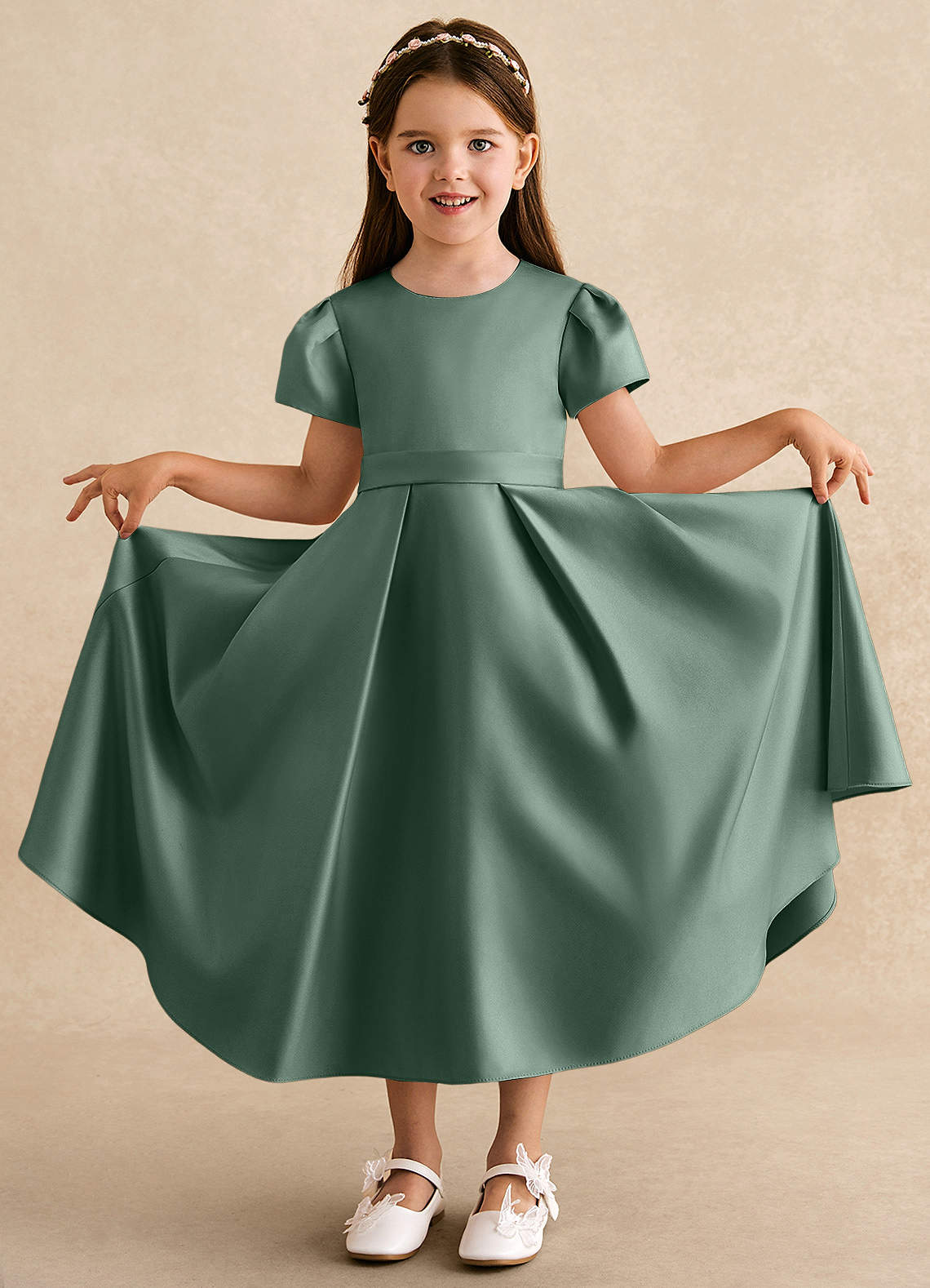 Azazie Princess Flower Girl Dresses Eucalyptus A-Line Pleated Matte Satin Dress image2