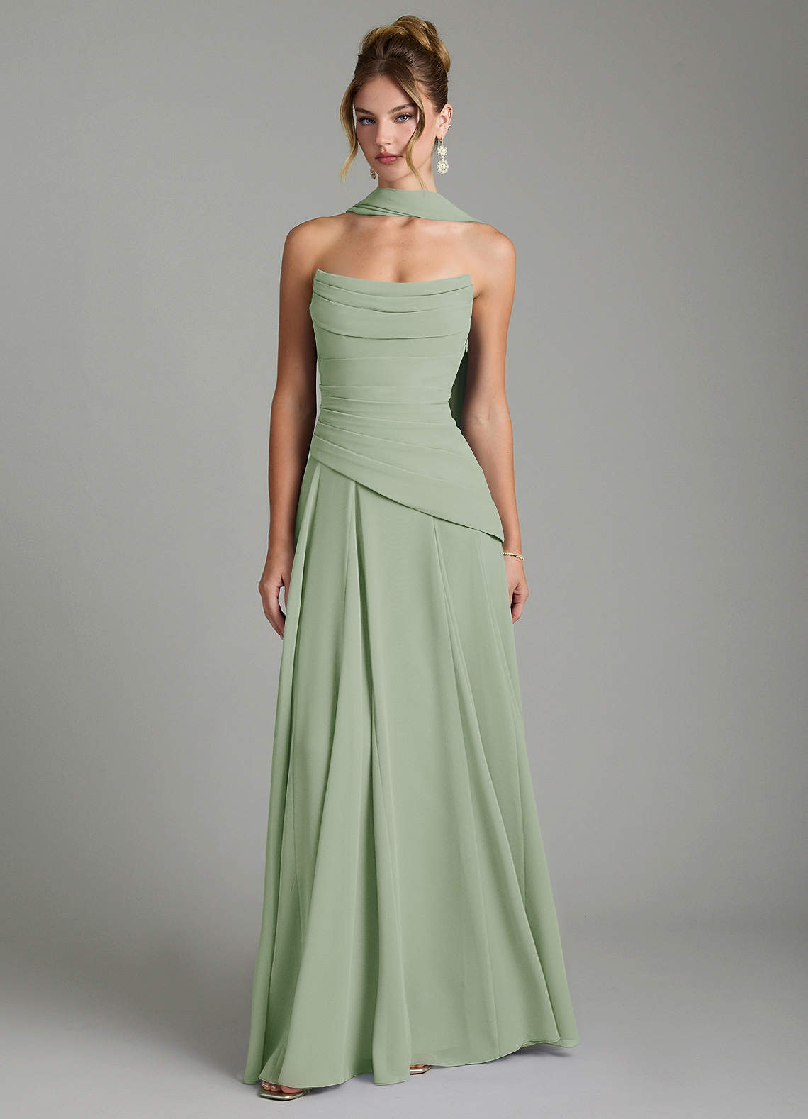 sage green corset bridesmaid dresses Azazie A-Line Strapless Floor-Length Chiffon High Modest