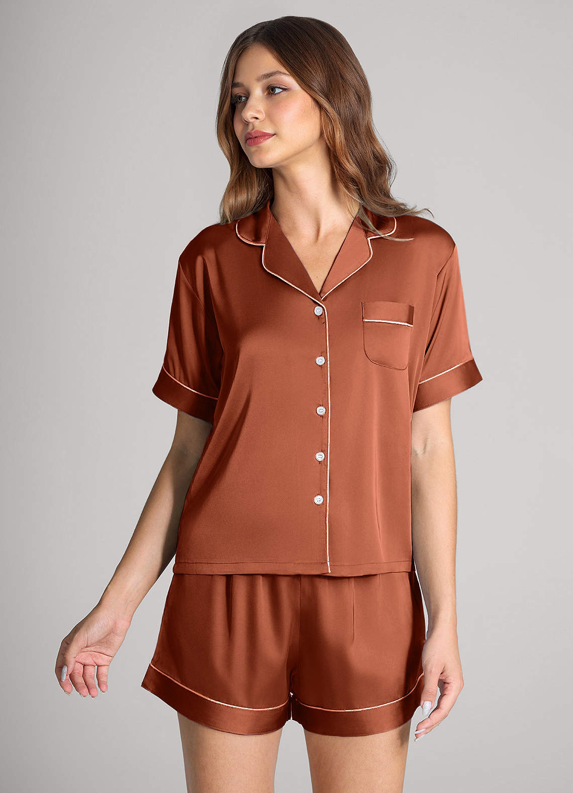 front Matching Color Satin Contrast Piping Pajama Set