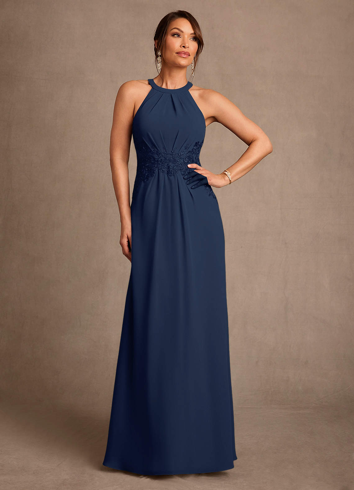 Azazie Georgie Dark Navy A-Line Lace Chiffon Dress | Azazie