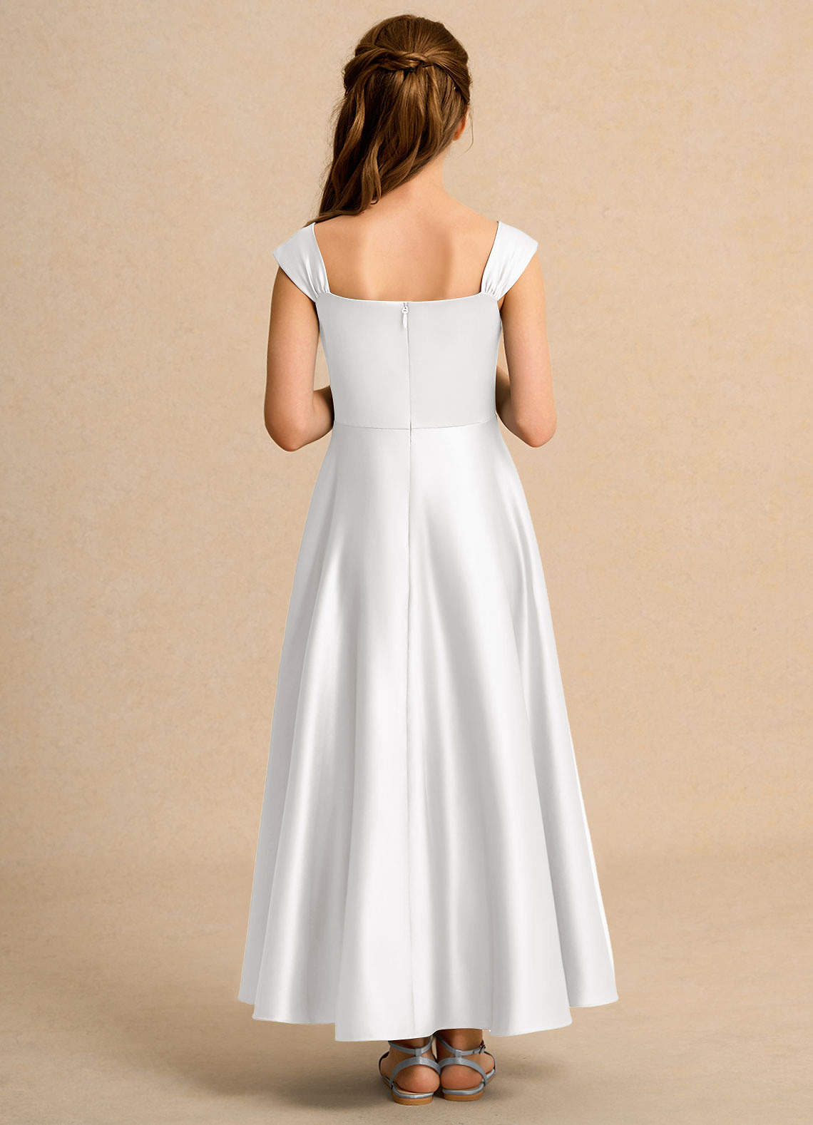 Azazie Bundle Girls Formal Kukkatyttöjen mekot A-linja Pliseerattu Matta satiini Nilkan pituus Pukeutua image1