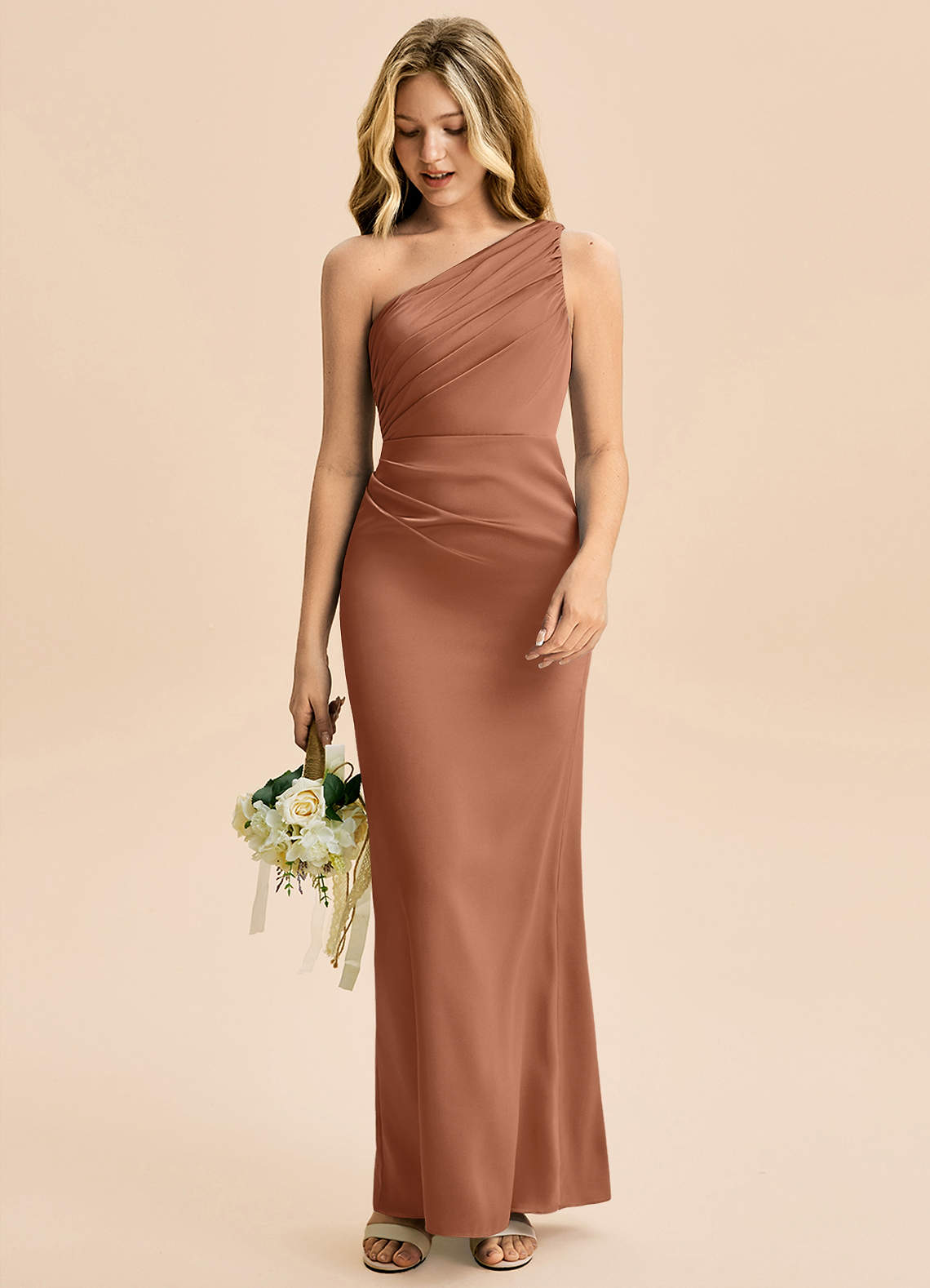 Azazie Akilah Junior Bronzer Sheath Pleated Stretch Satin Dress image2