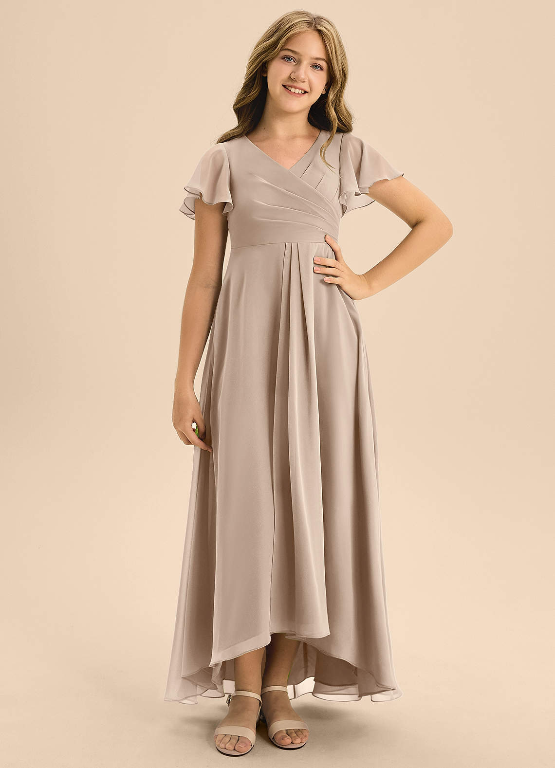 Azazie Induh Junior Taupe A-Line Pleated Chiffon Dress image1