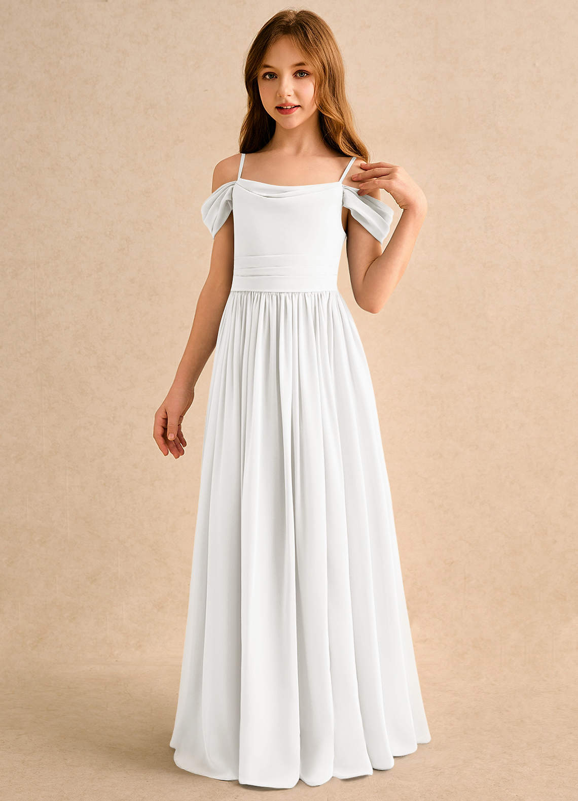 Azazie Shia Girls Formal Flower Girl Dresses Ivory A-Line Off the Shoulder Chiffon Dress image2