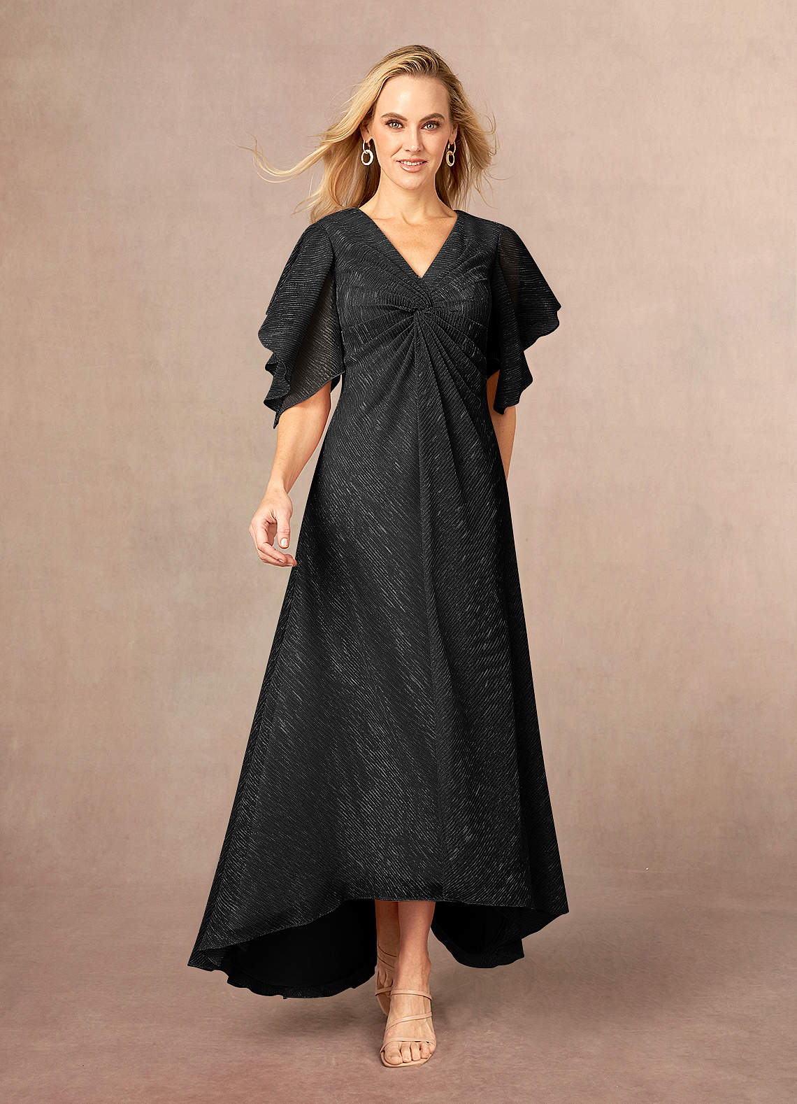 Azazie Mollina Mother of the Bride Dresses Black A-Line Ruffle Flutter Sleeve Metallic Mesh Dress image1