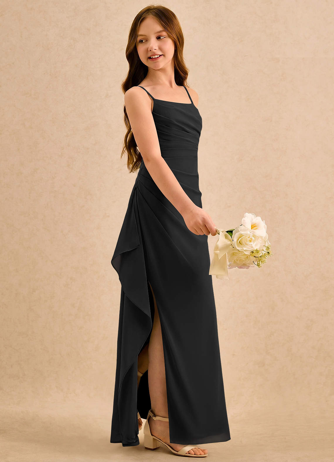 Azazie Cannoli Girls Formal Flower Girl Dresses Black A-Line Pleated Chiffon Dress image3