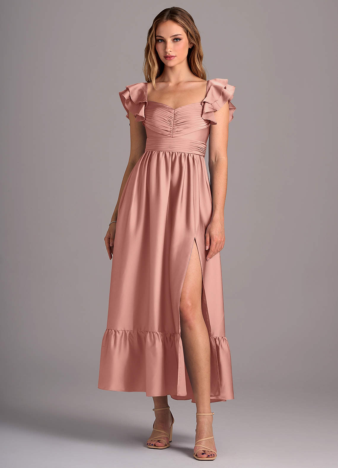 Azazie Anaya Bridesmaid Dresses Rosette A-Line Sweetheart Neckline Stretch Satin Convertible Dress image1
