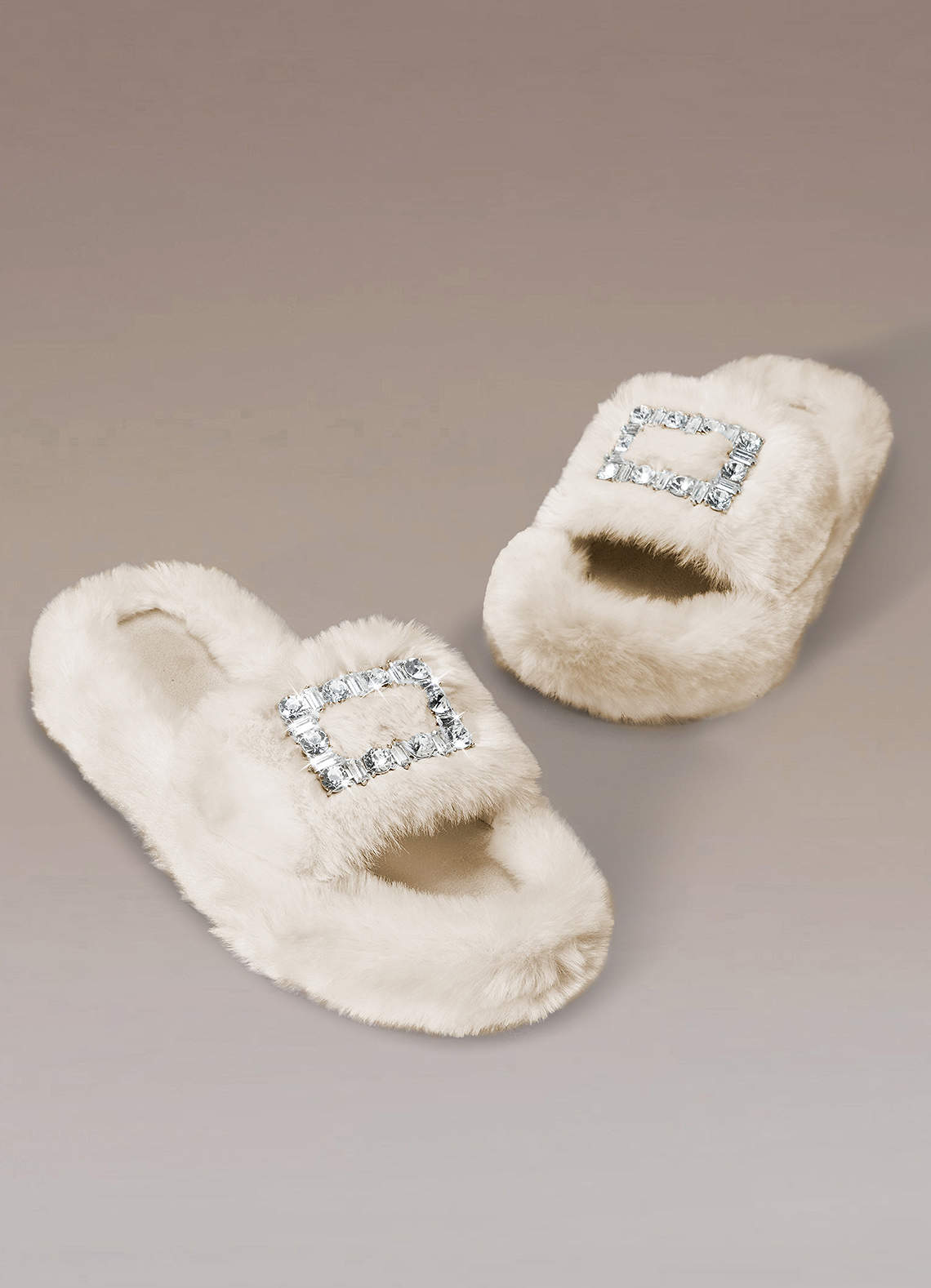 Sand Rhinestone Furry Platform Slippers Azazie