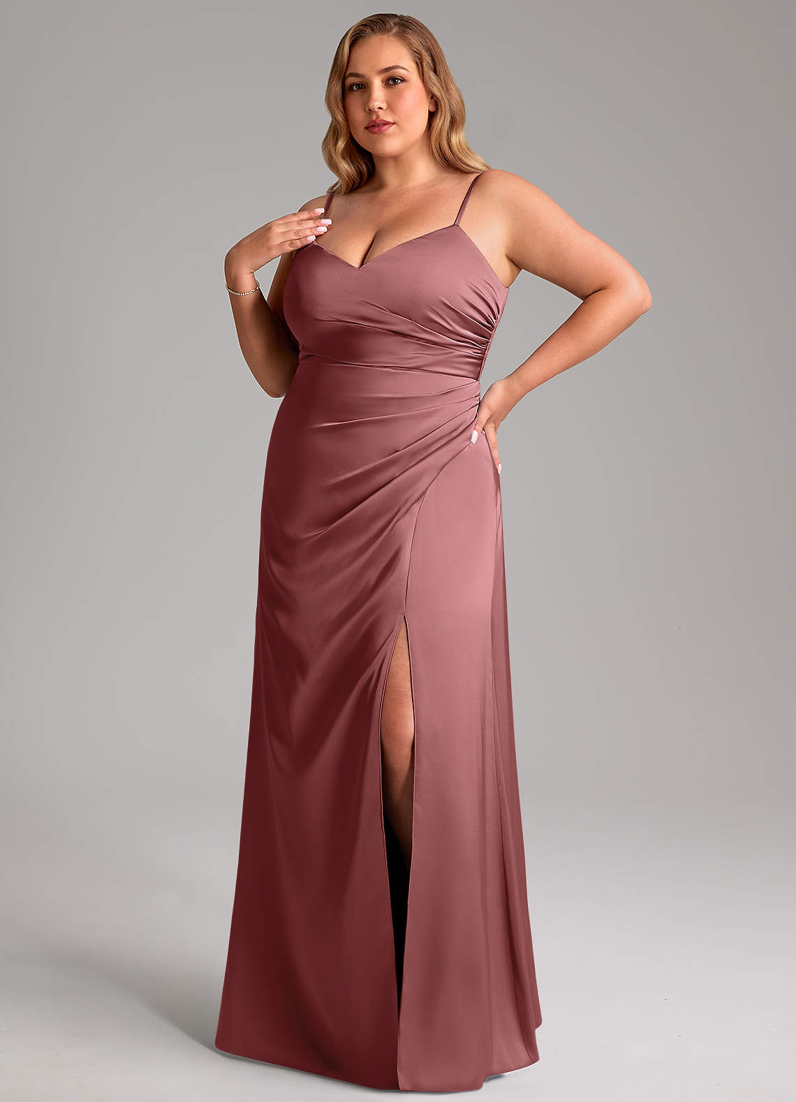 Azazie Azuree Bridesmaid Dresses Amethyst A-Line Pleated Stretch Satin Dress image1