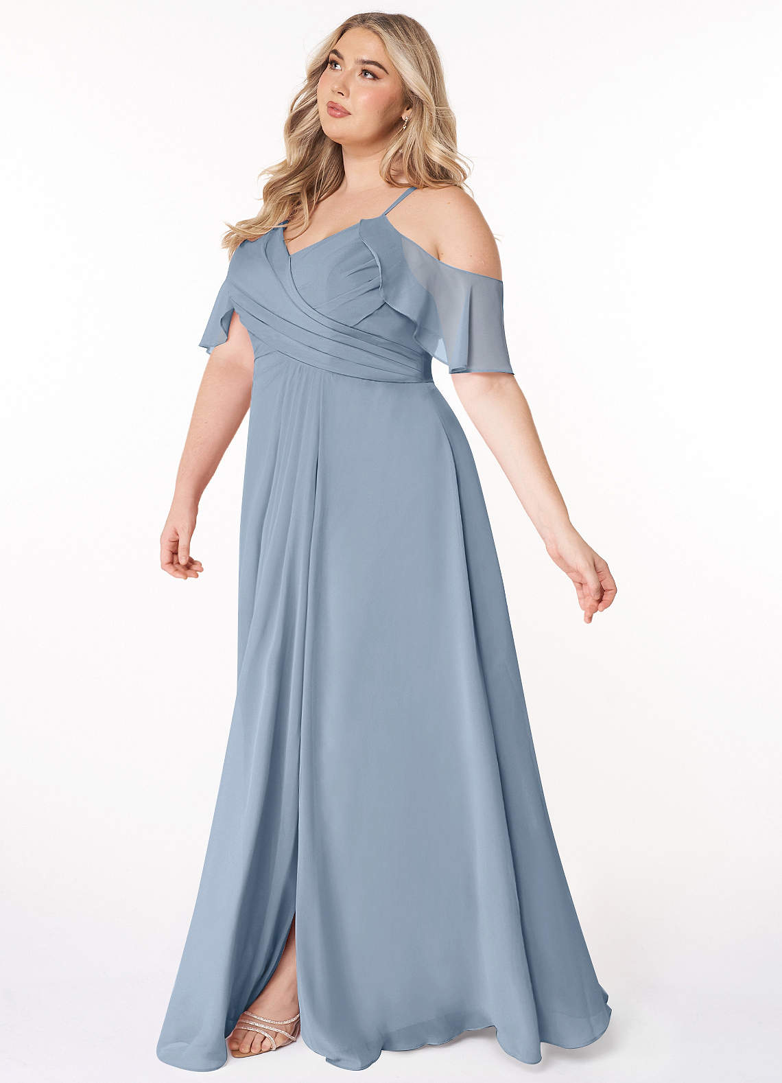 Azazie Dakota Bridesmaid Dresses Dusty Blue A-Line V-Neck Pleated Chiffon Dress image2