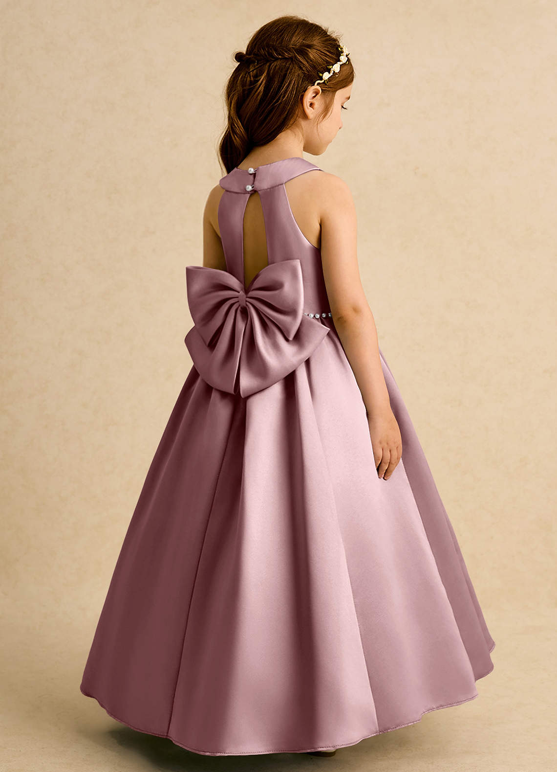 Azazie Daisies Flower Girl Dresses Dusty Rose Ball-Gown Bow Matte Satin Dress image1