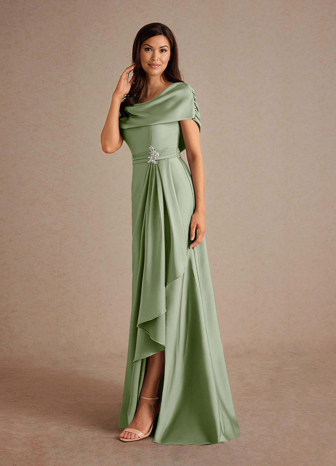 Azazie Branford Mother of the Bride Dresses Dusty Sage A-Line Pleated Stretch Satin Dress image1