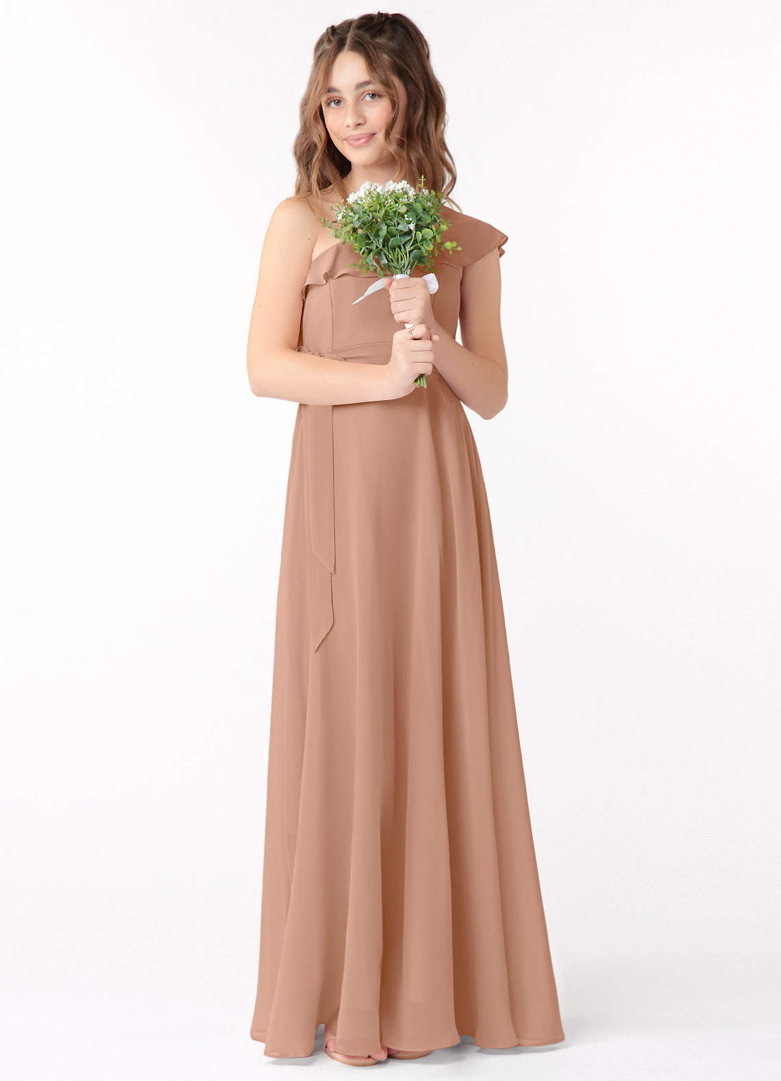 Azazie Eletta Junior Champagne Rose A-Line Ruched Chiffon Dress image1