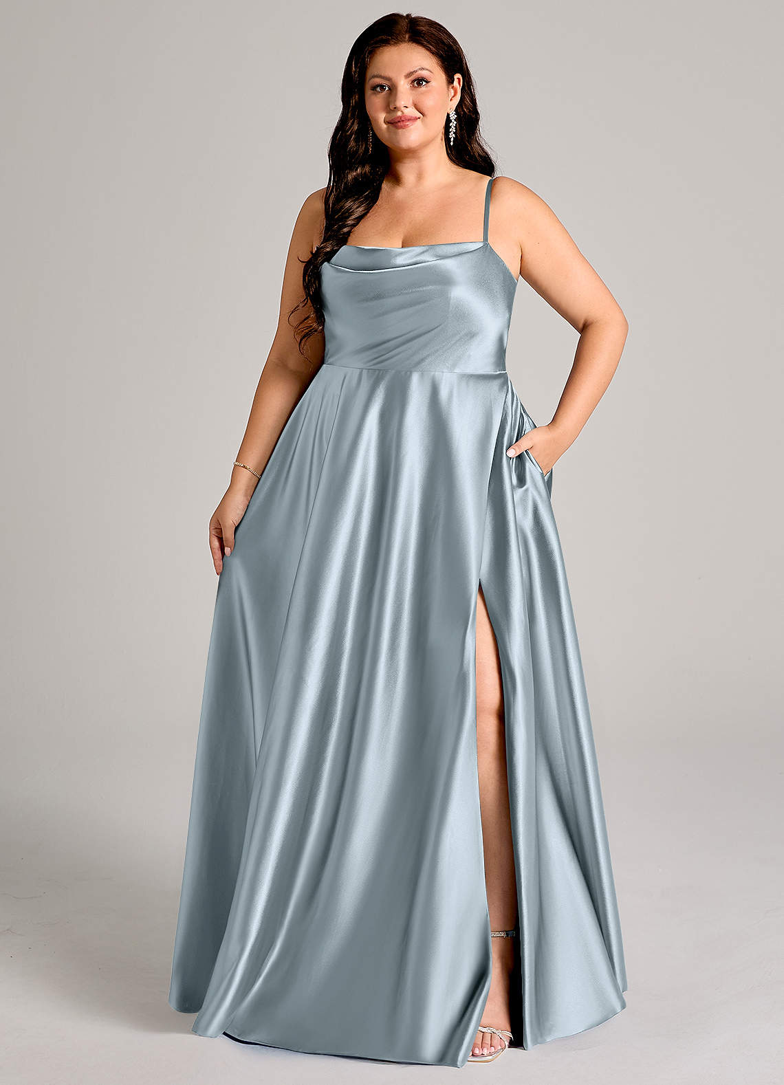 Azazie Elle Bridesmaid Dresses Dusty Blue A-Line with Pockets Metallic Satin Dress image1