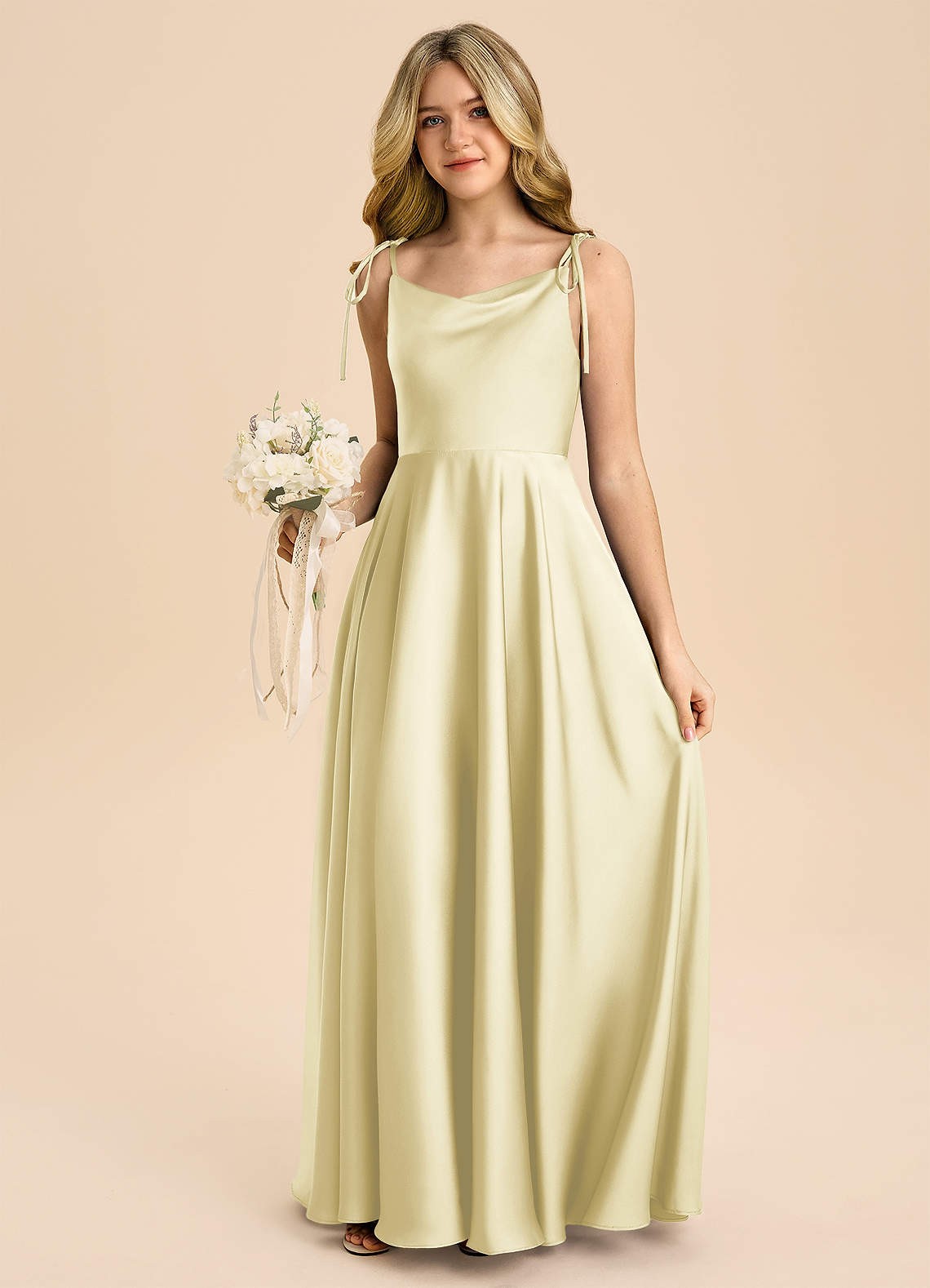 Azazie Popsy Junior Lemon Sorbet A-Line Bow Stretch Satin Dress image4