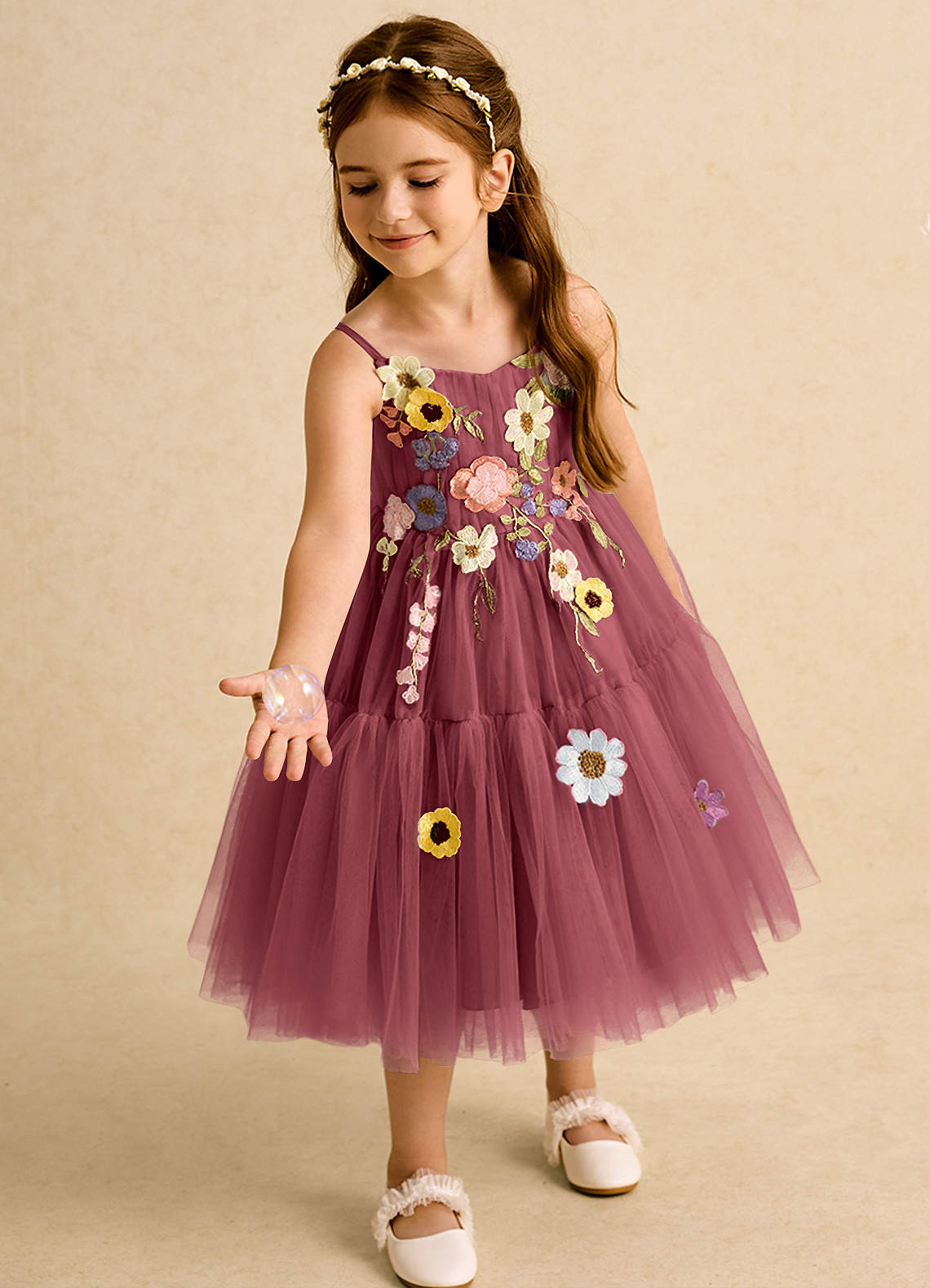 Azazie Osea Flower Girl Dresses Merlot Ball-Gown Pleated Tulle Dress image1