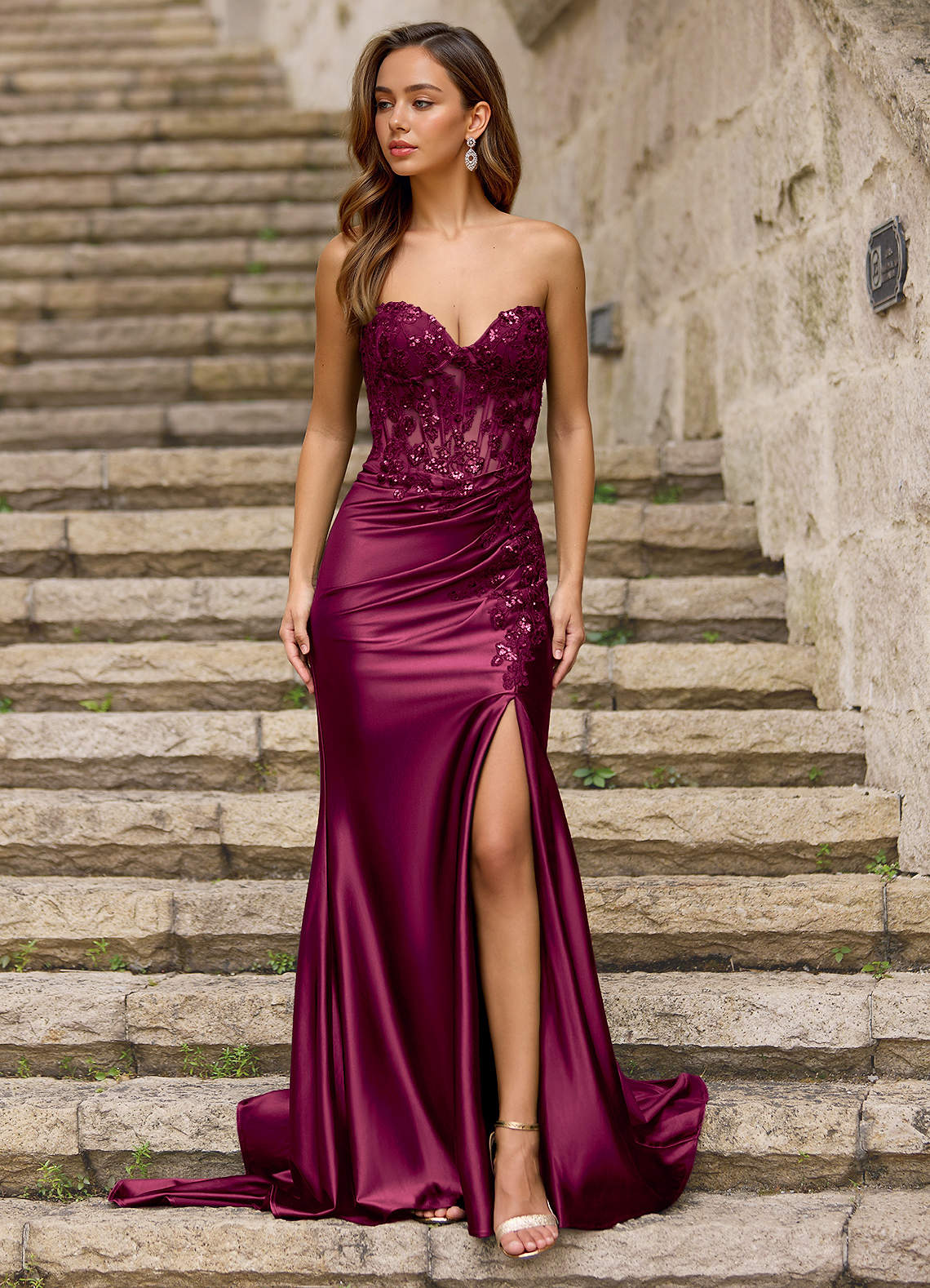 green emerald velvet dress Gold Lace Choker Neck Burgundy Velvet Slit Mermaid Prom Evening Dress main image 0