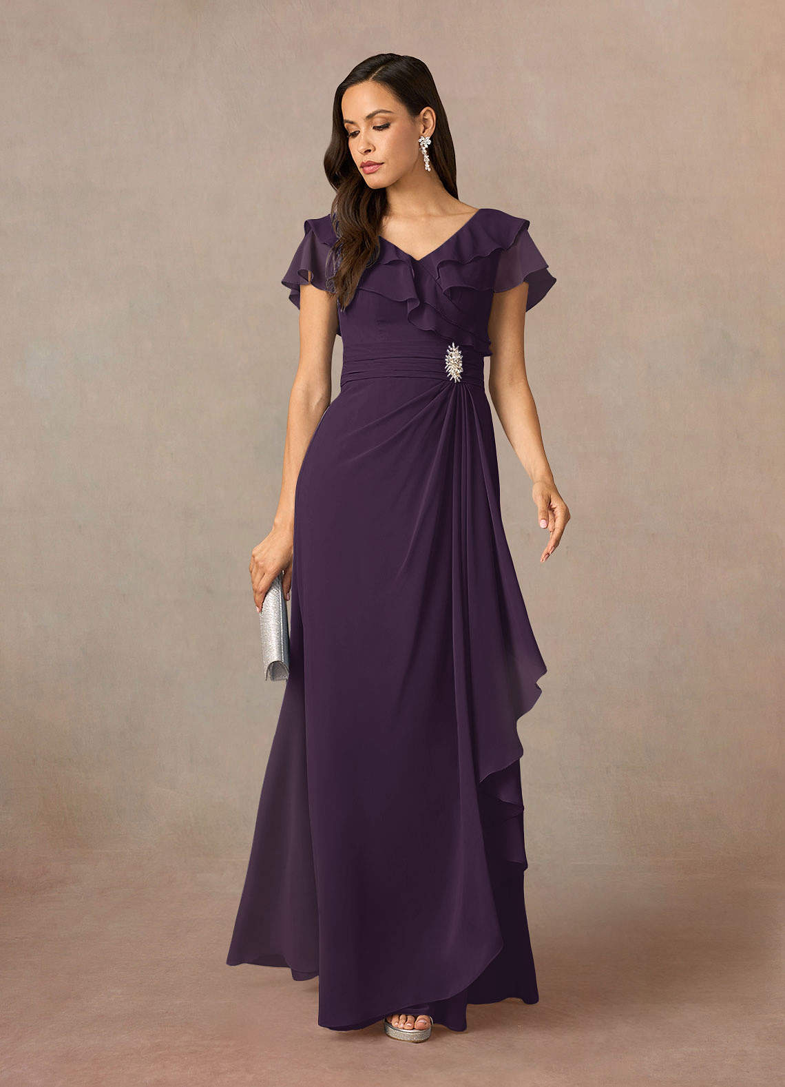 Azazie Snapdragon Mother of the Bride Dresses Plum A-Line V-Neck Ruched Chiffon Dress image1