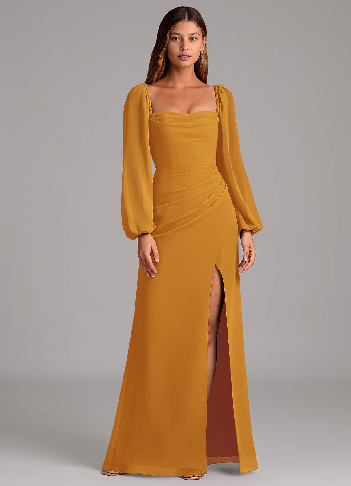 Azazie Brixley Bridesmaid Dresses Butterscotch Mermaid Long Sleeve Chiffon Dress image1