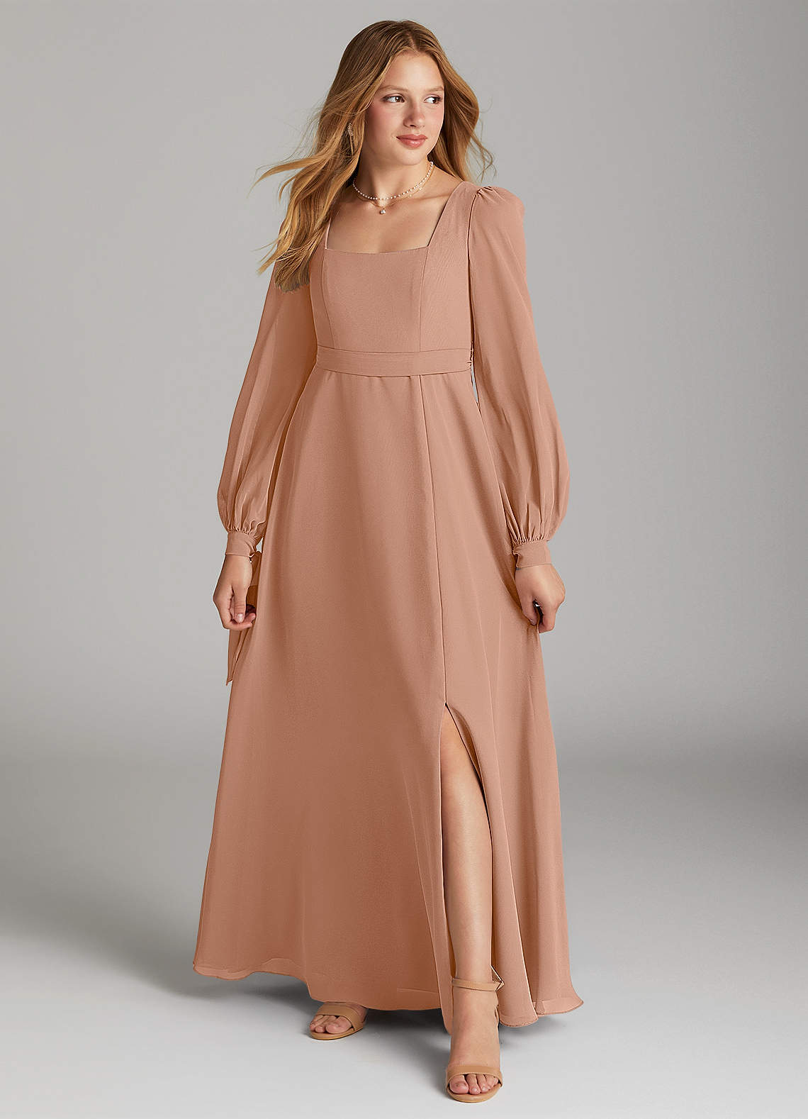 Azazie Leonia Junior Abito A-Line in Chiffon Con Tasche Champagne Rosa image1