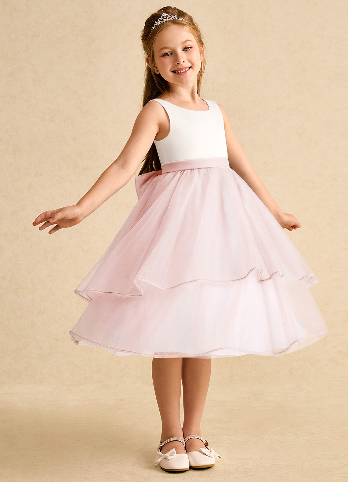 Azazie Rene Flower Girl Dresses Ivory Blushing Pink A-Line Bow Tulle Dress image1
