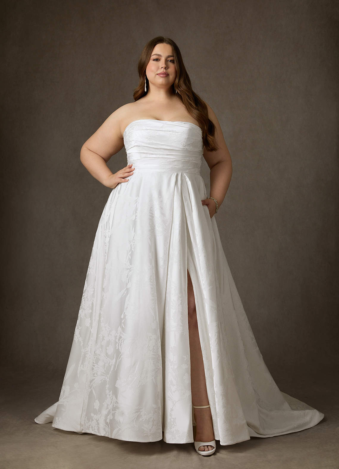 Azazie Daliah Wedding Dresses Diamond White A-Line Strapless Floral Jacquard Dress image1