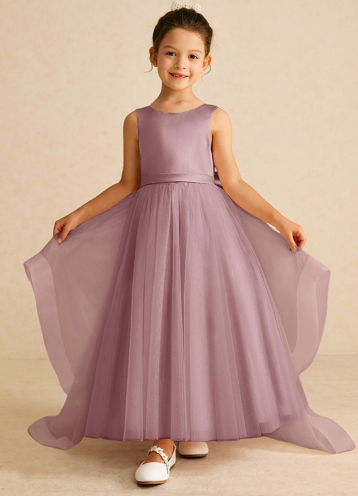 Azazie Pumpkin Flower Girl Dresses Dusty Rose A-Line Bow Tulle Dress image1