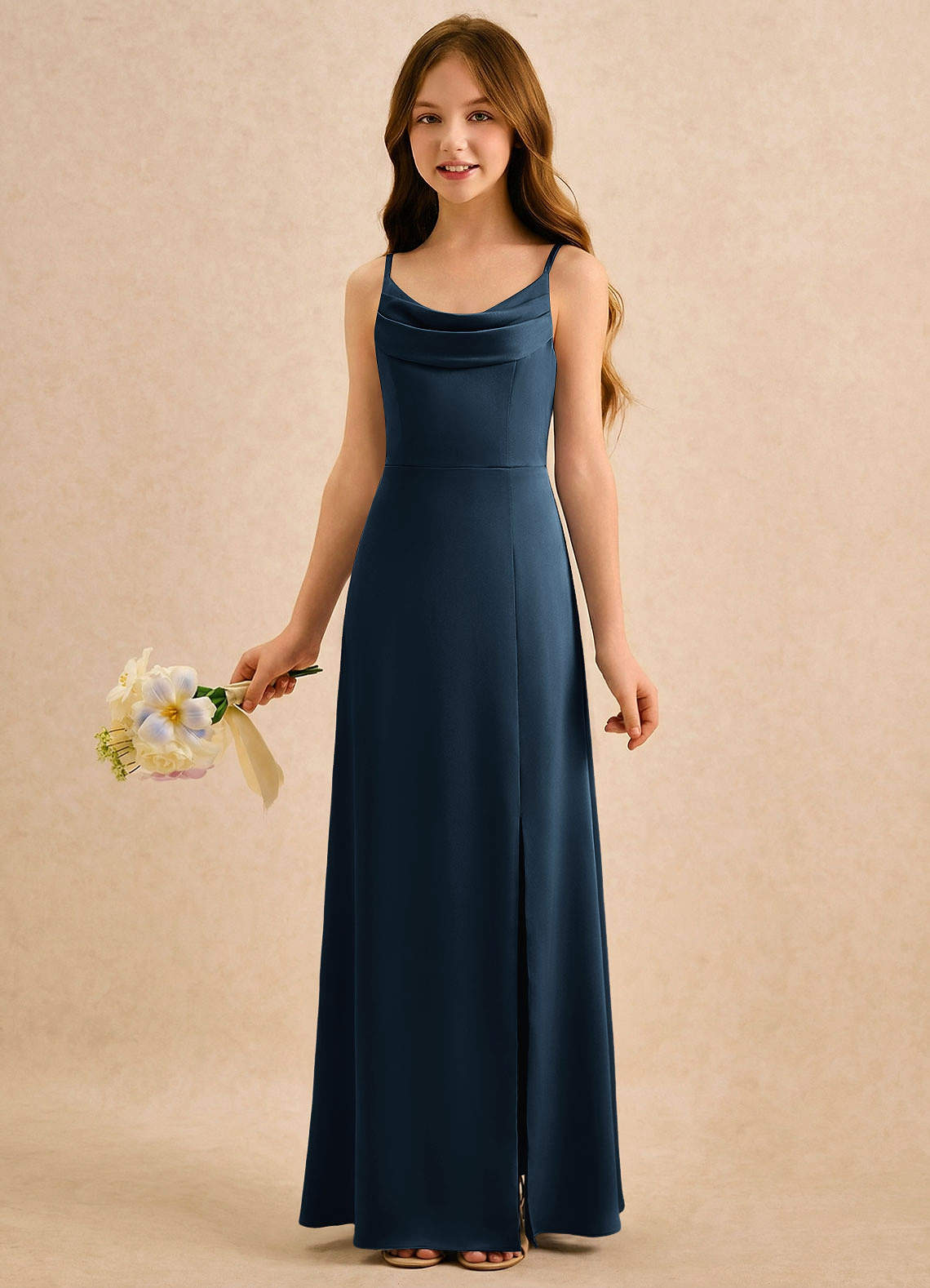 children's navy blue bridesmaid dresses Azazie Shira Girls Formal Dark A-Line Pleated Stretch Satin Dress Ready to Ship BATCH_2025-10-17-NW lace up back or Size:G 1 Yard Beaded Lace