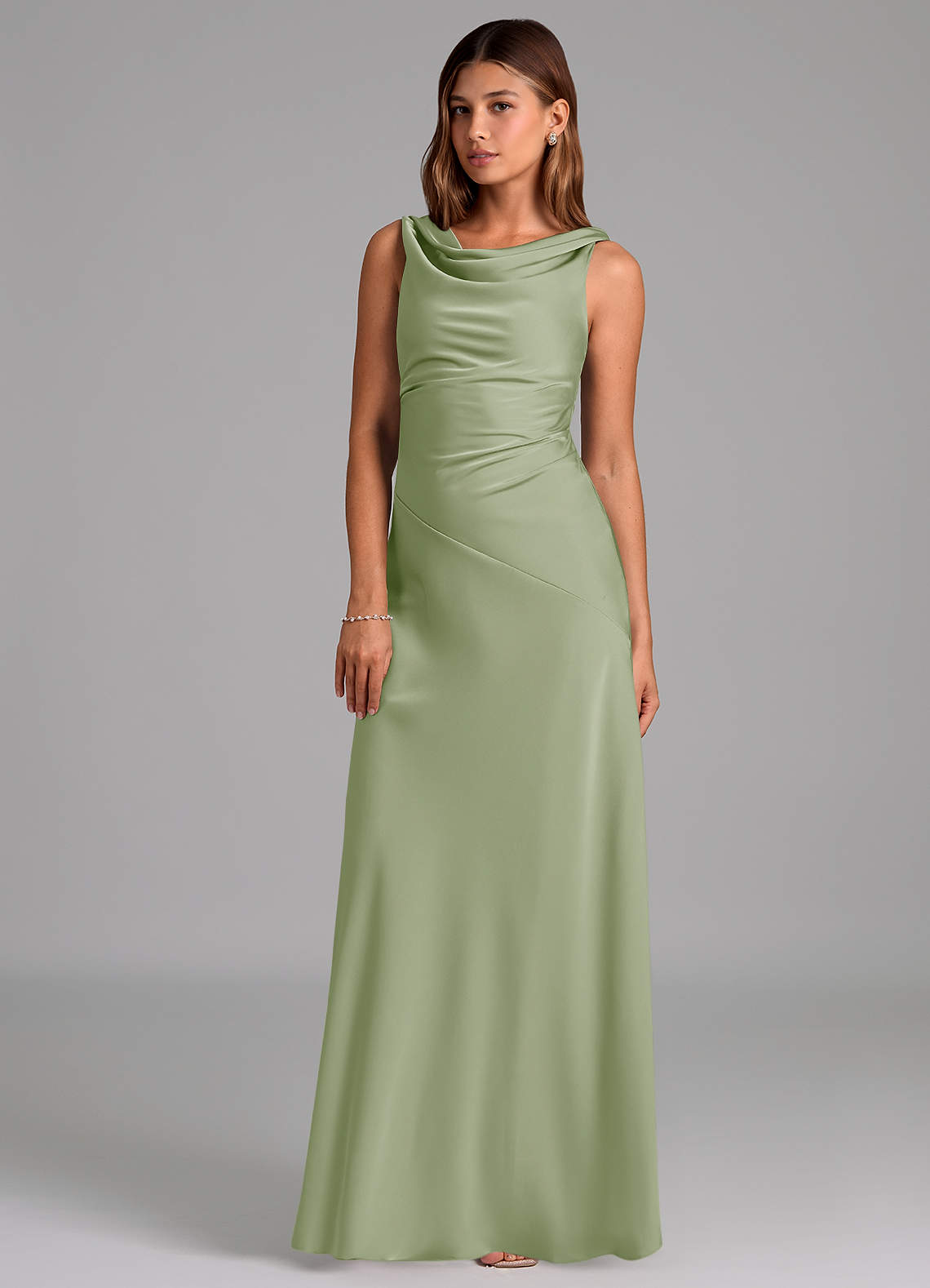 Azazie Nerine Brautjungfernkleider A-Linie Plissee Stretch-Satin Kleid Staubiger Salbeigrün image1