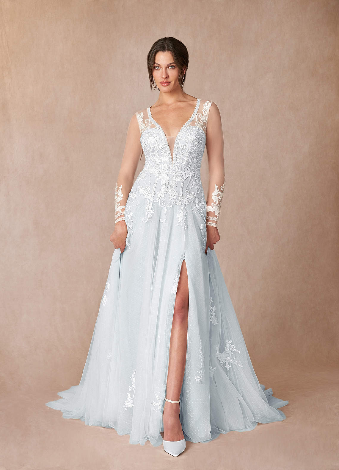 Azazie Ariya Misty Blue A-Line Lace Tulle Dress | Azazie